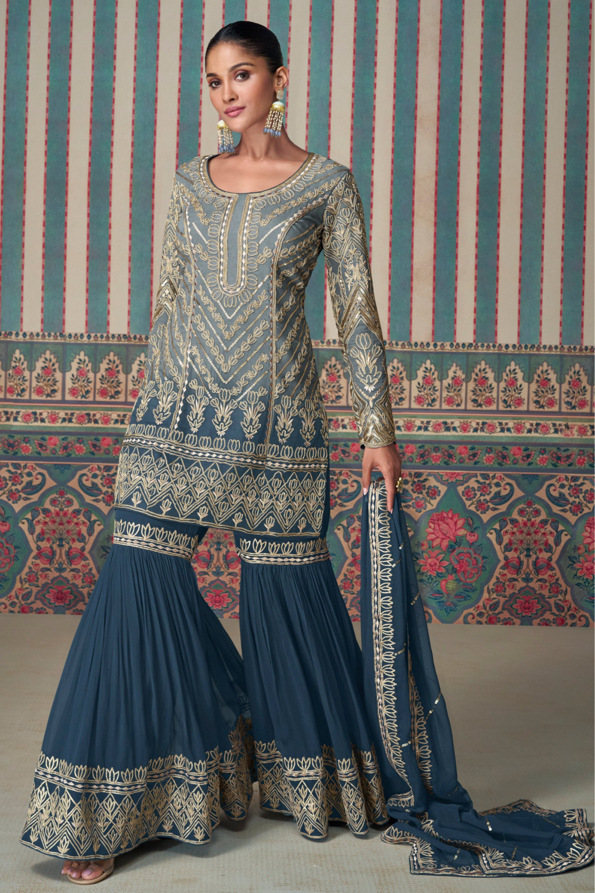 Blue Bridal Sharara With Embroidered Kurti Set