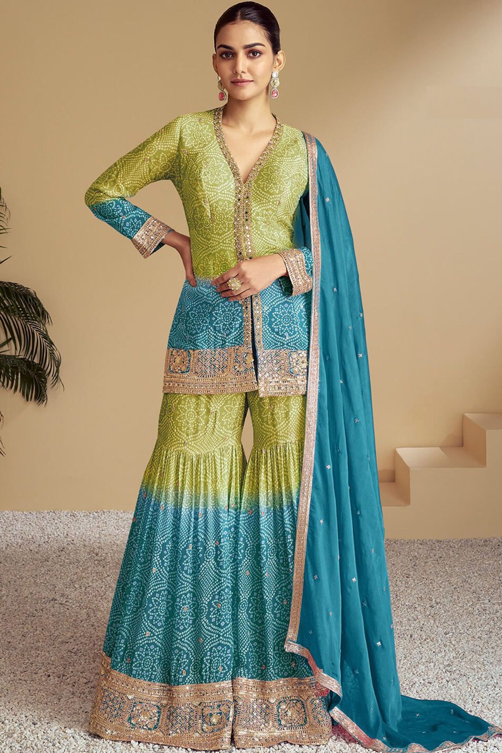 Pistachio Green And Blue Sharara Suits In Modern Style