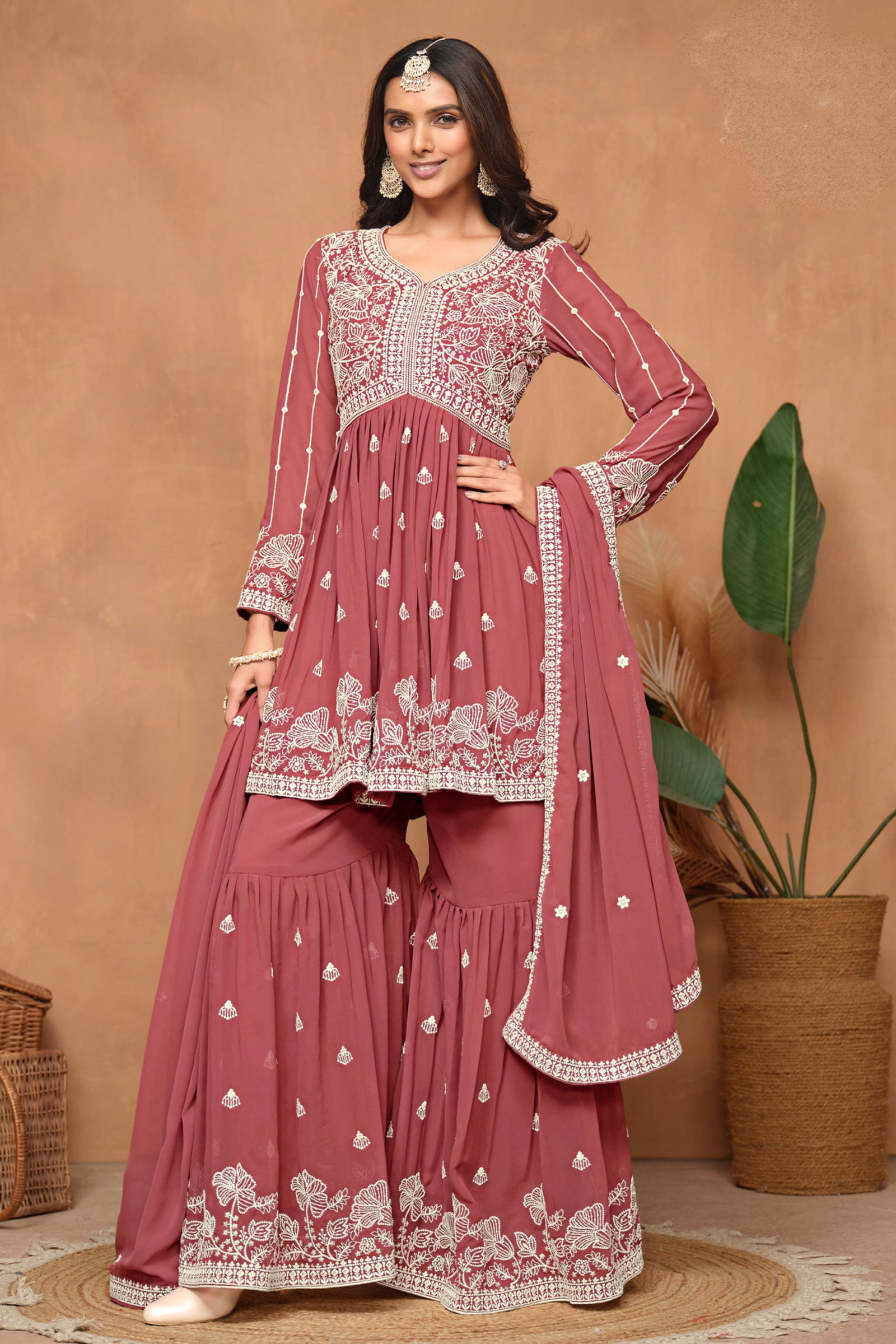 Light Red Embroidered Sharara For Wedding Occasions
