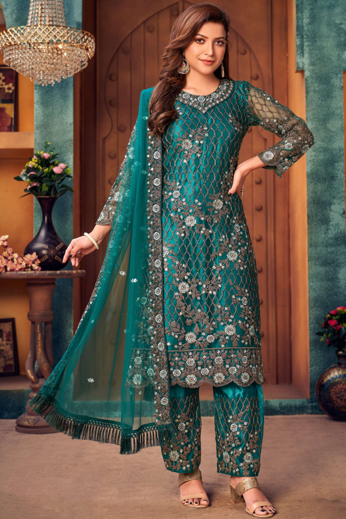 Teal Embroidered Salwar Kameez Party Wear Suit