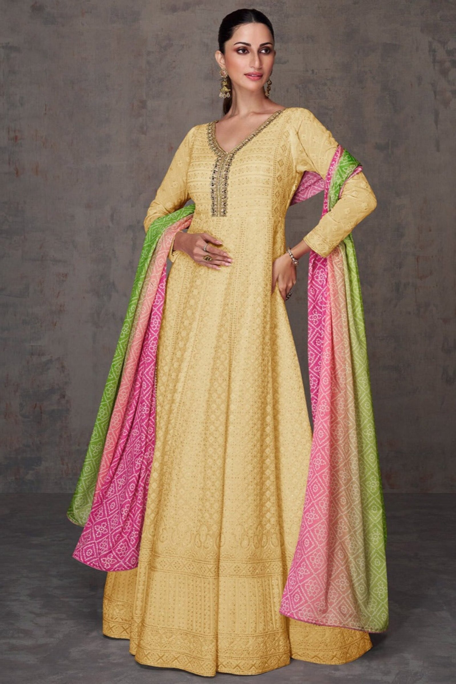 Traditional Yellow Anarkali Gown With Dupatta For Ceremonies