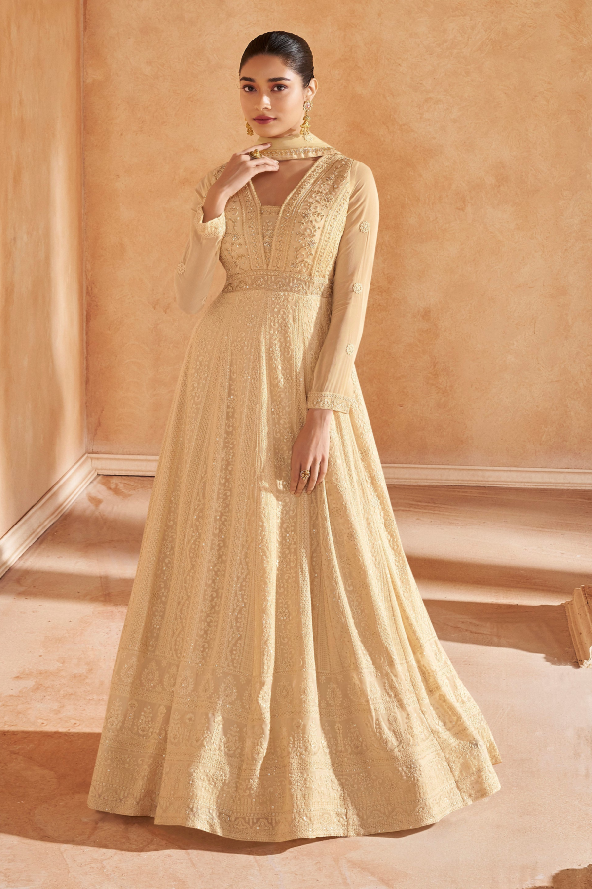 Beige Anarakali Gown Georgette Dupatta Suit for Her Women's