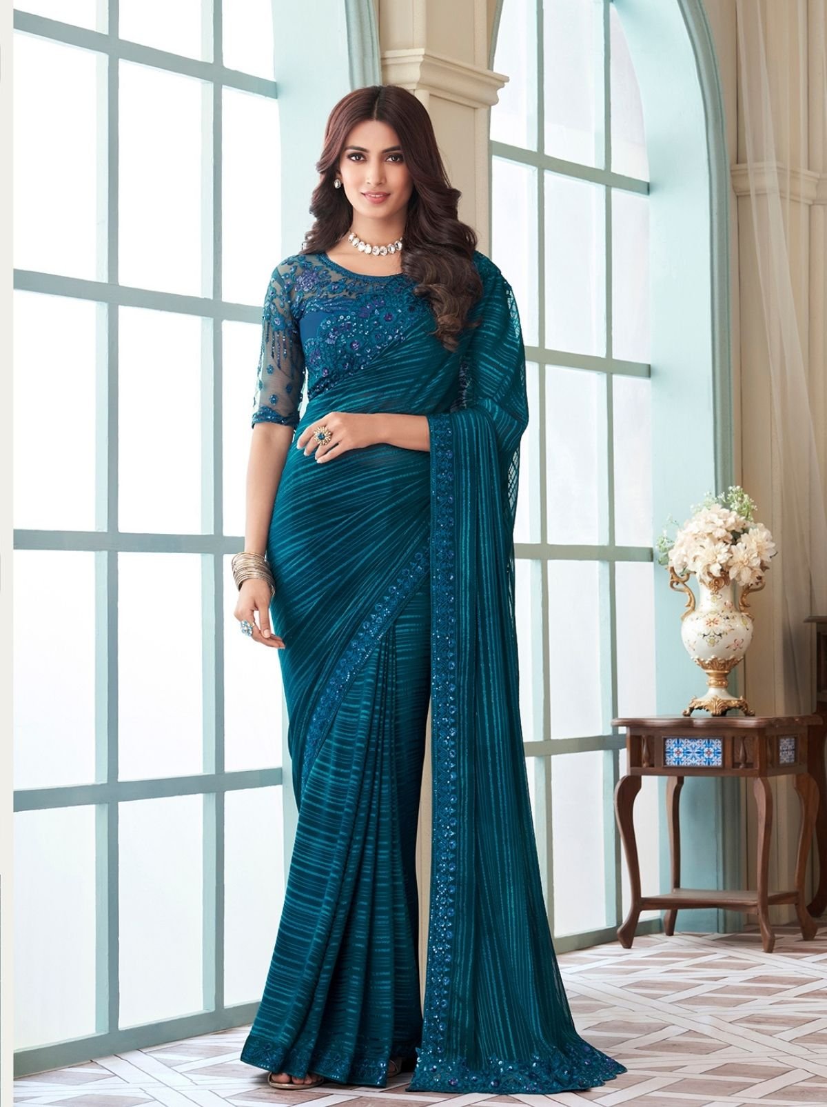 Luxurious Green Premium Quality Weightless Designer Saree