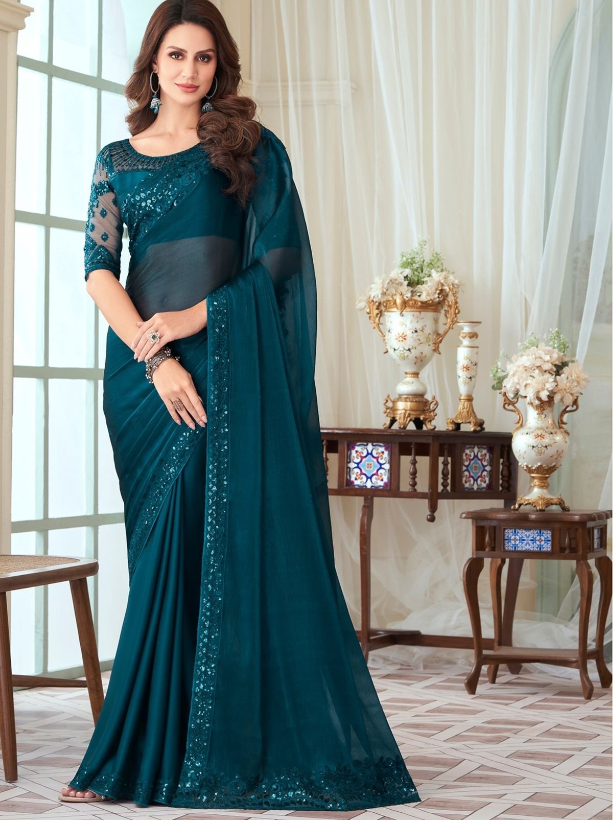 Splendidly Green Designer Saree With Sequin Designs