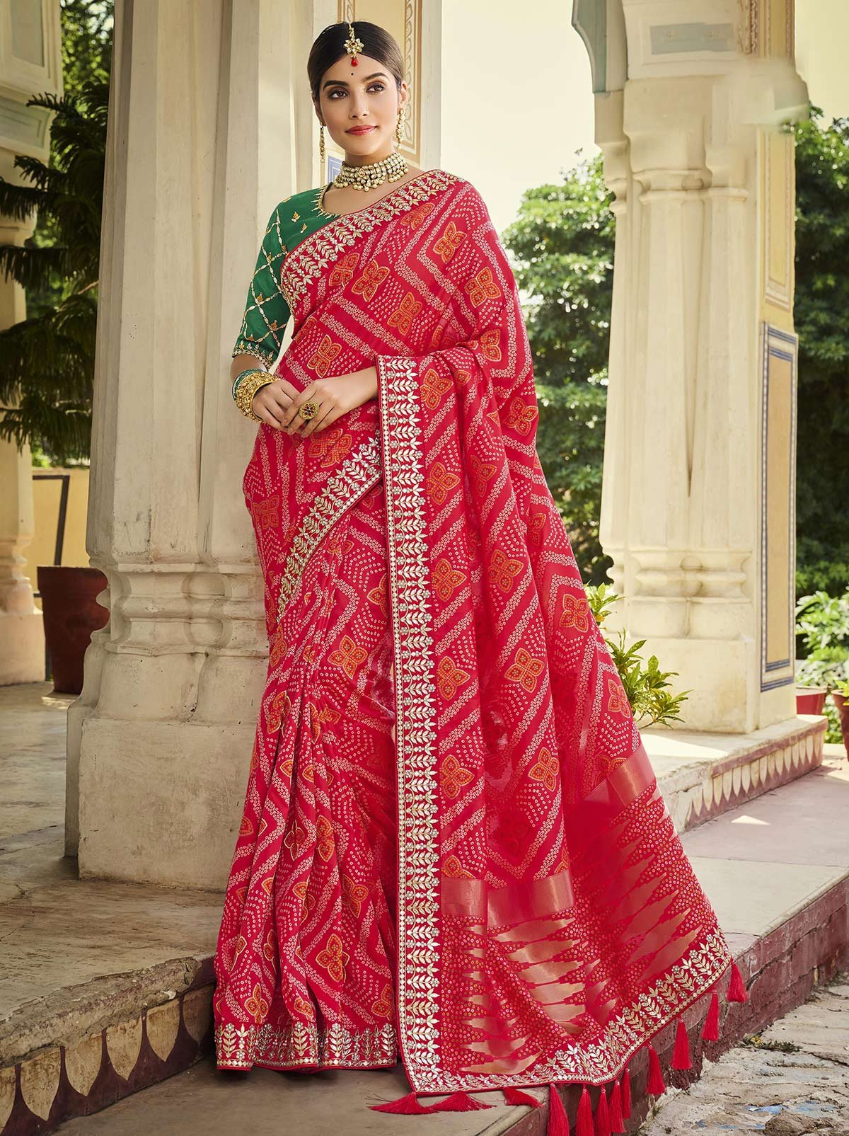 Coral Red Bandhani Banarasi Silk Saree With Premium Gota Patti Border