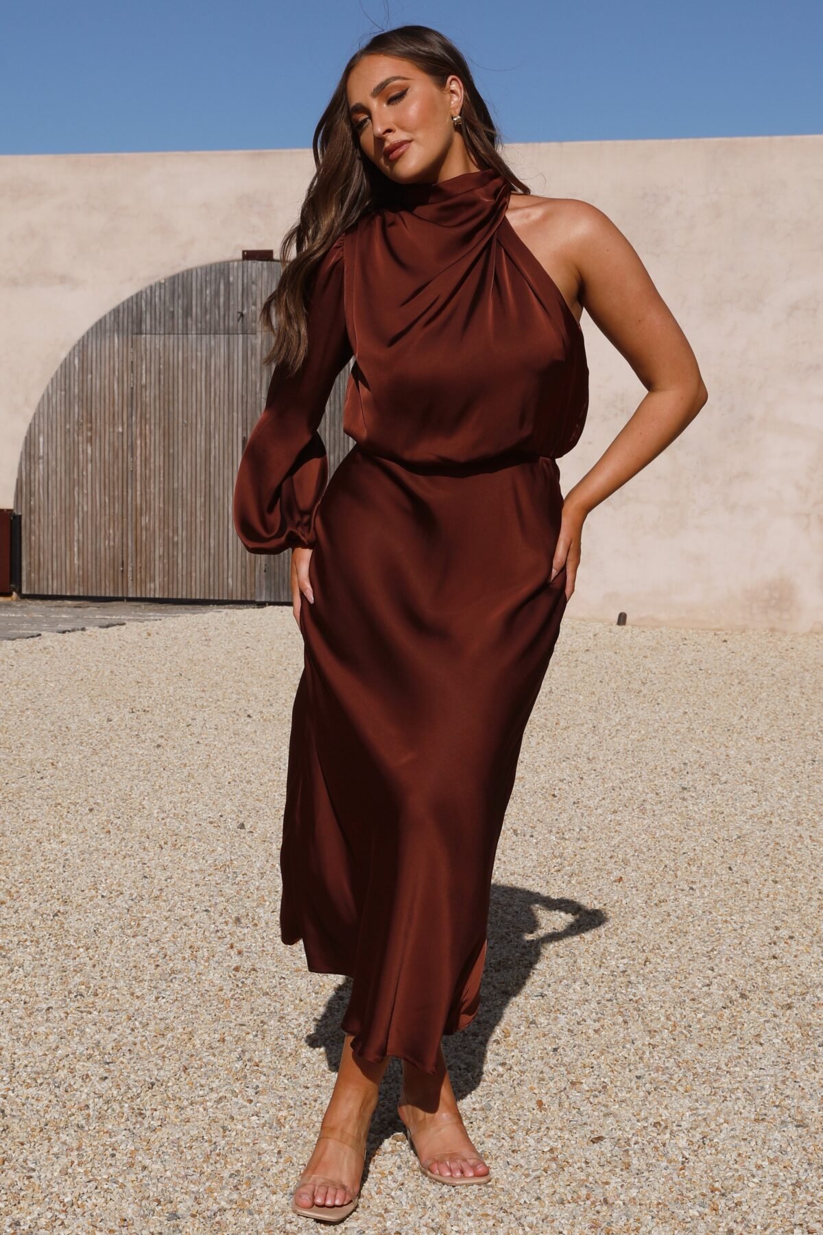 Esther One Shoulder Long Sleeve Dress - Brown