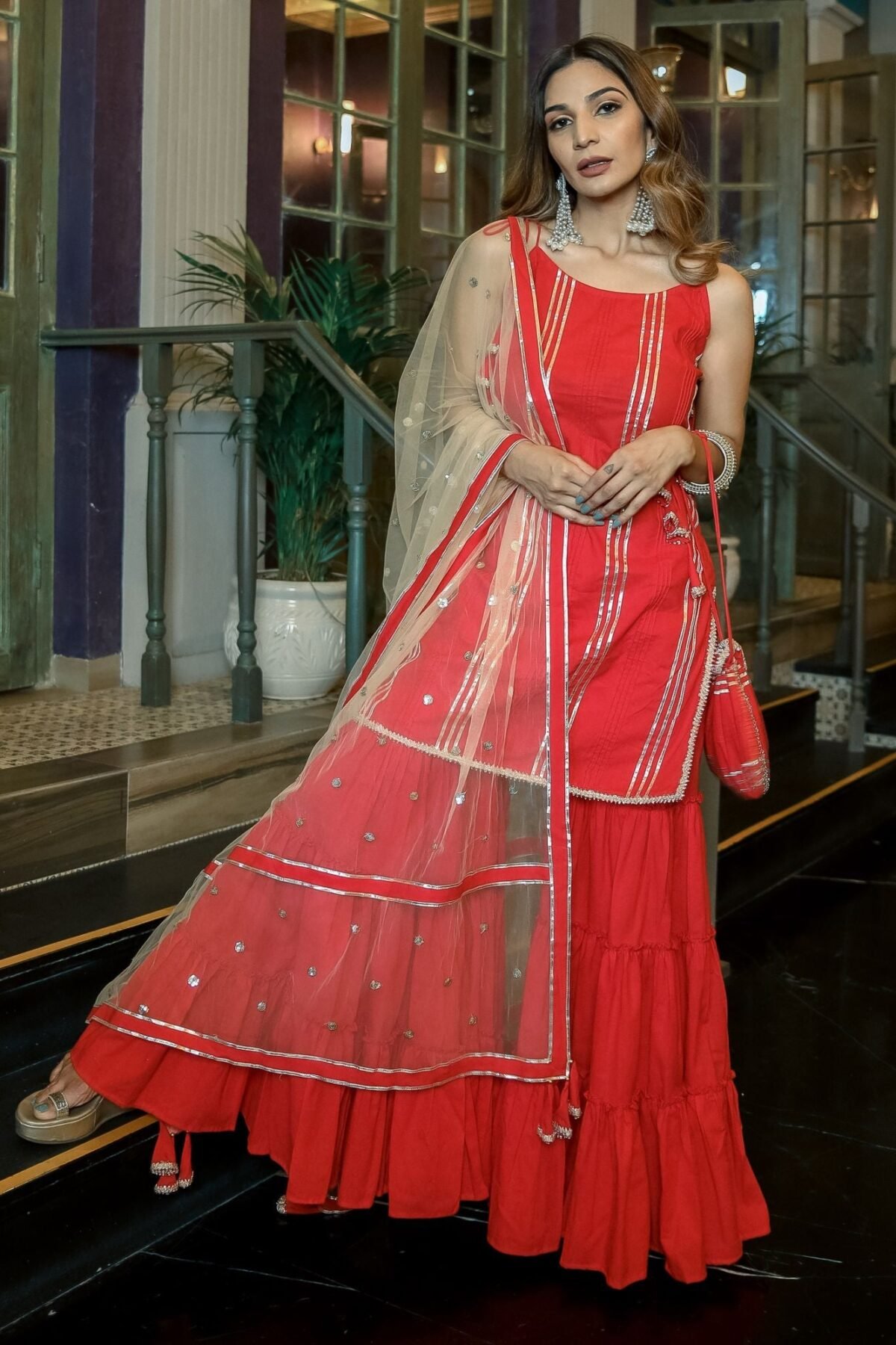 Red Sharara Cotton Two Peice Set