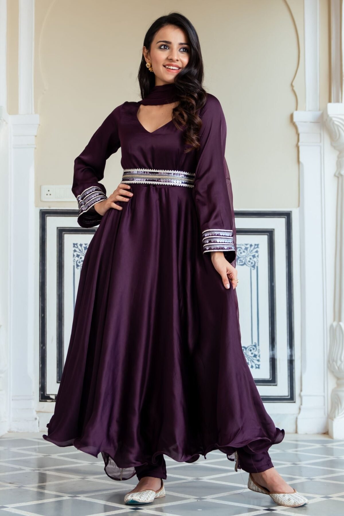 Wine Silk Anarkali With Dupatta
