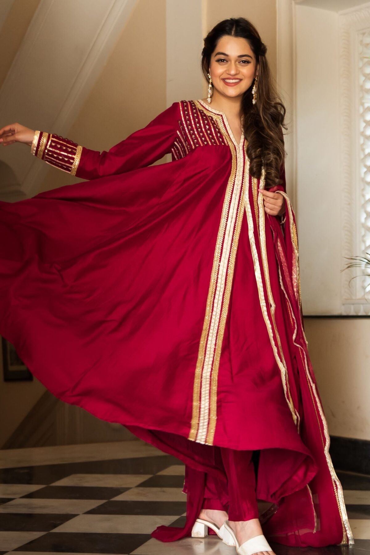 Maroon Silk Long Anarkali Set