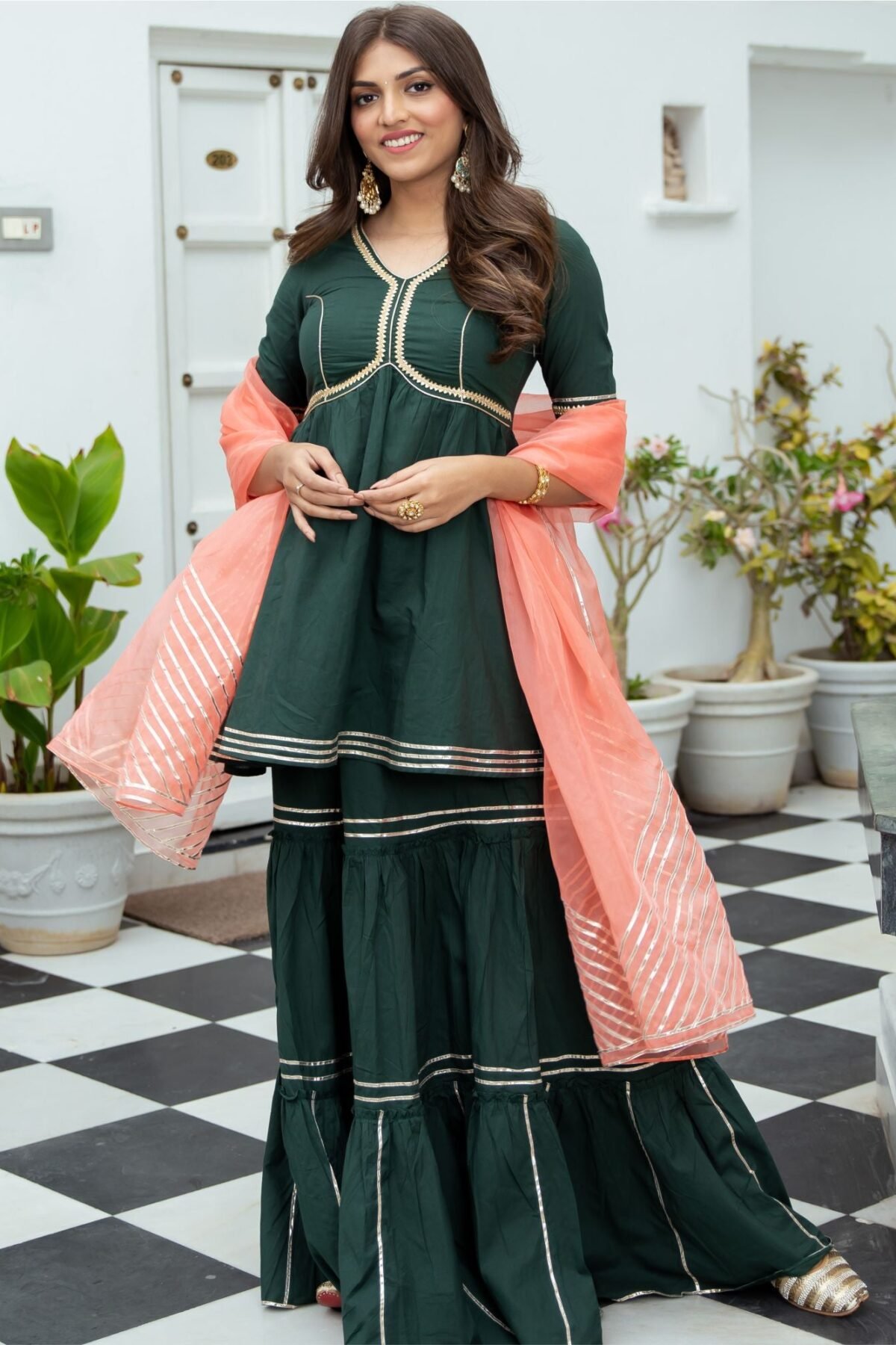 Green Cotton Peplum and Sharara Set