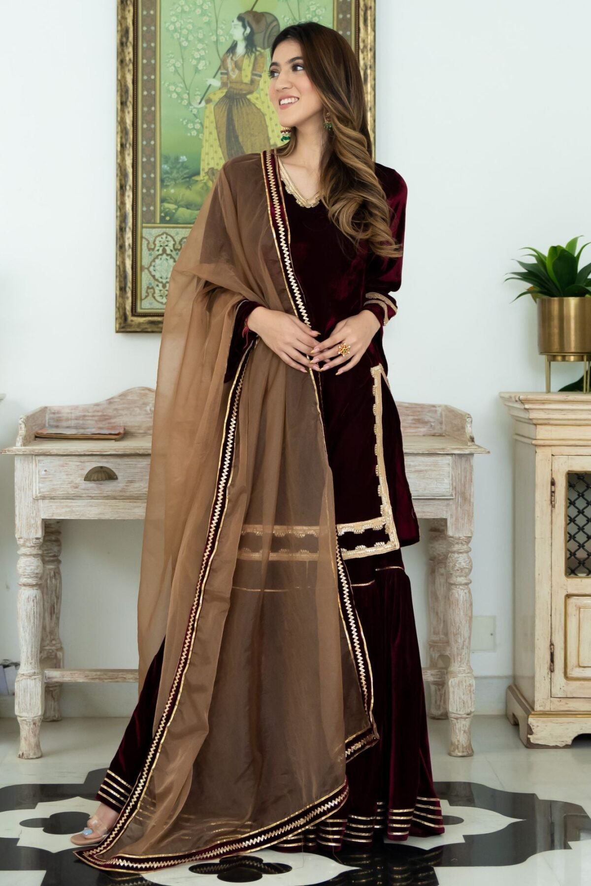 Wine Velvet Kurta and Sharara Set