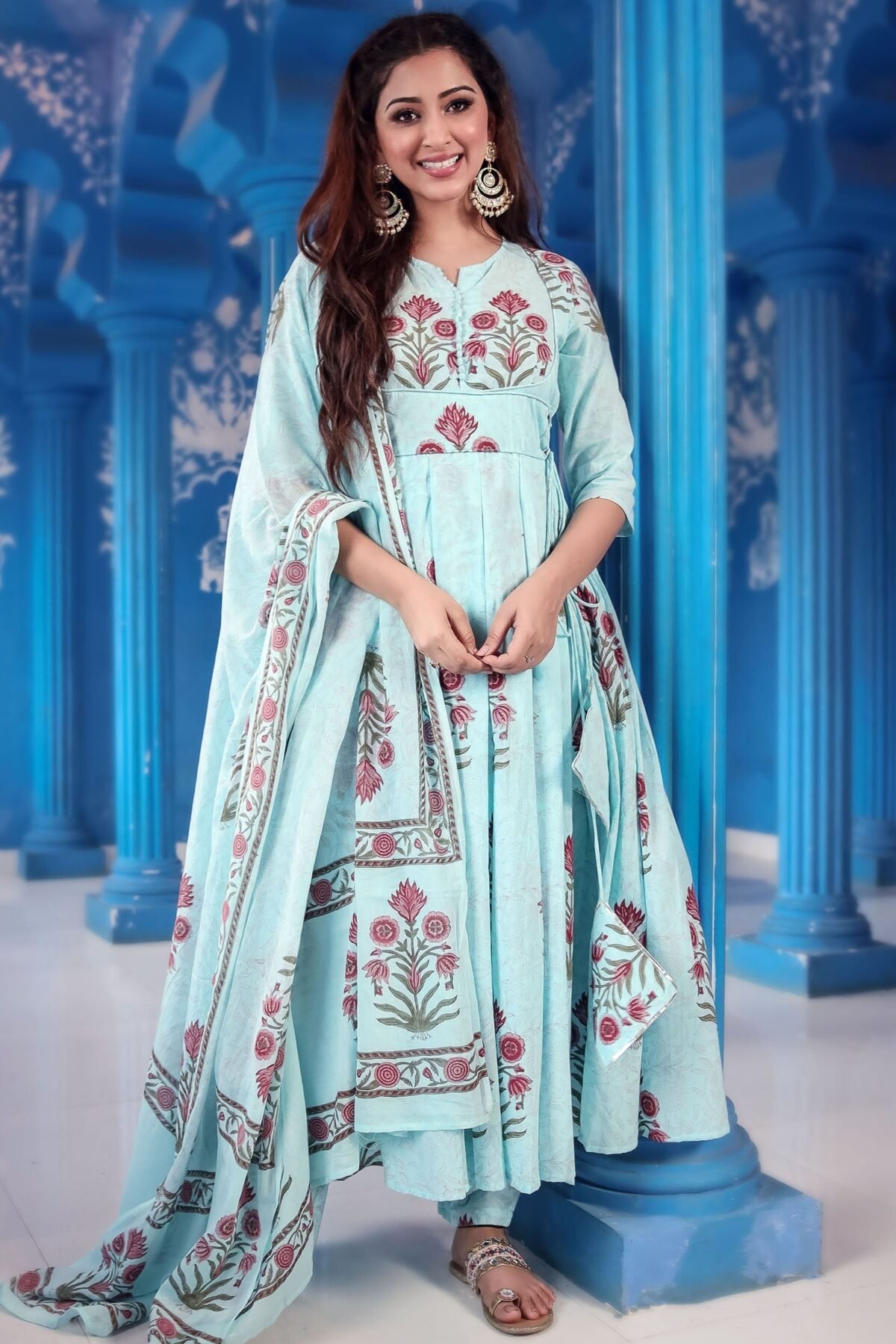 Blue Printed Anarkali Suit Set