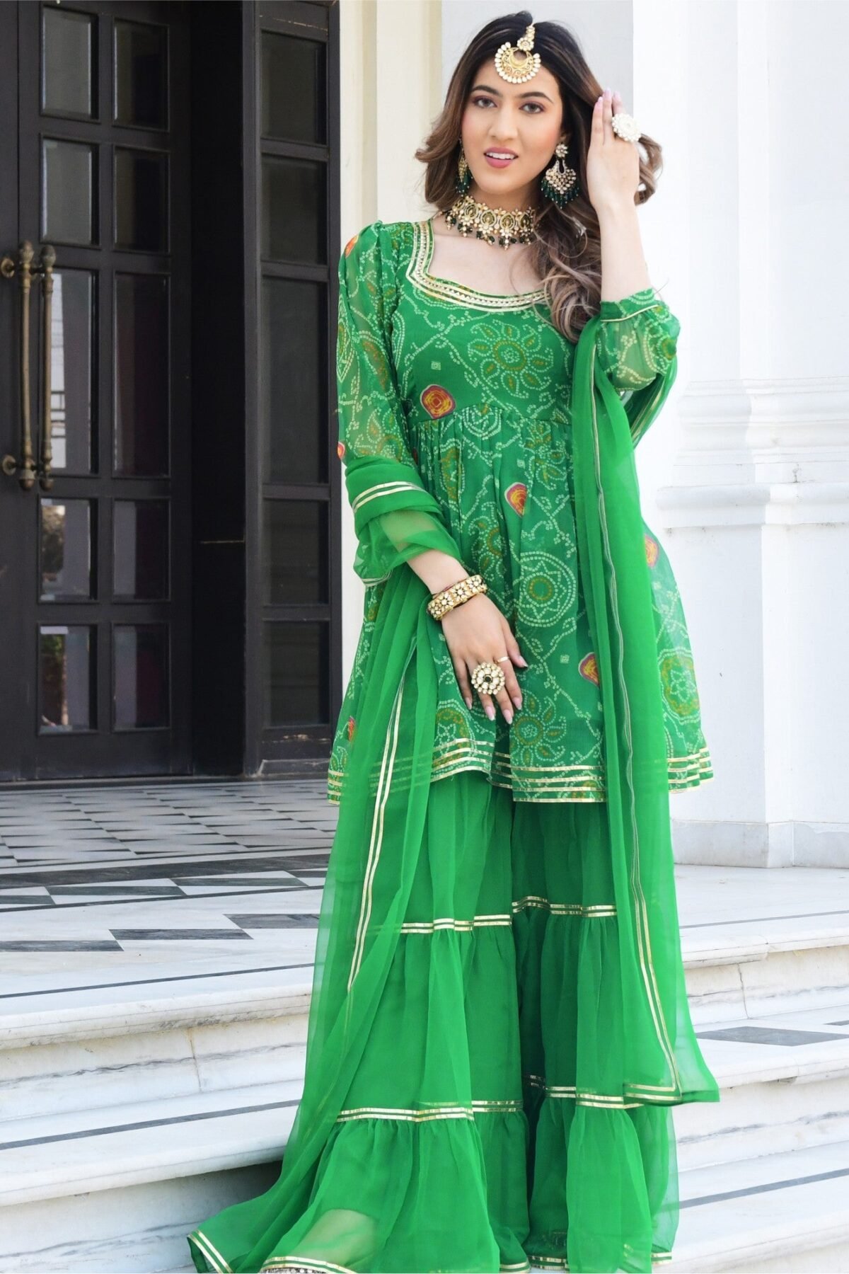Green Bandhni Print Kurta And Sharara Set