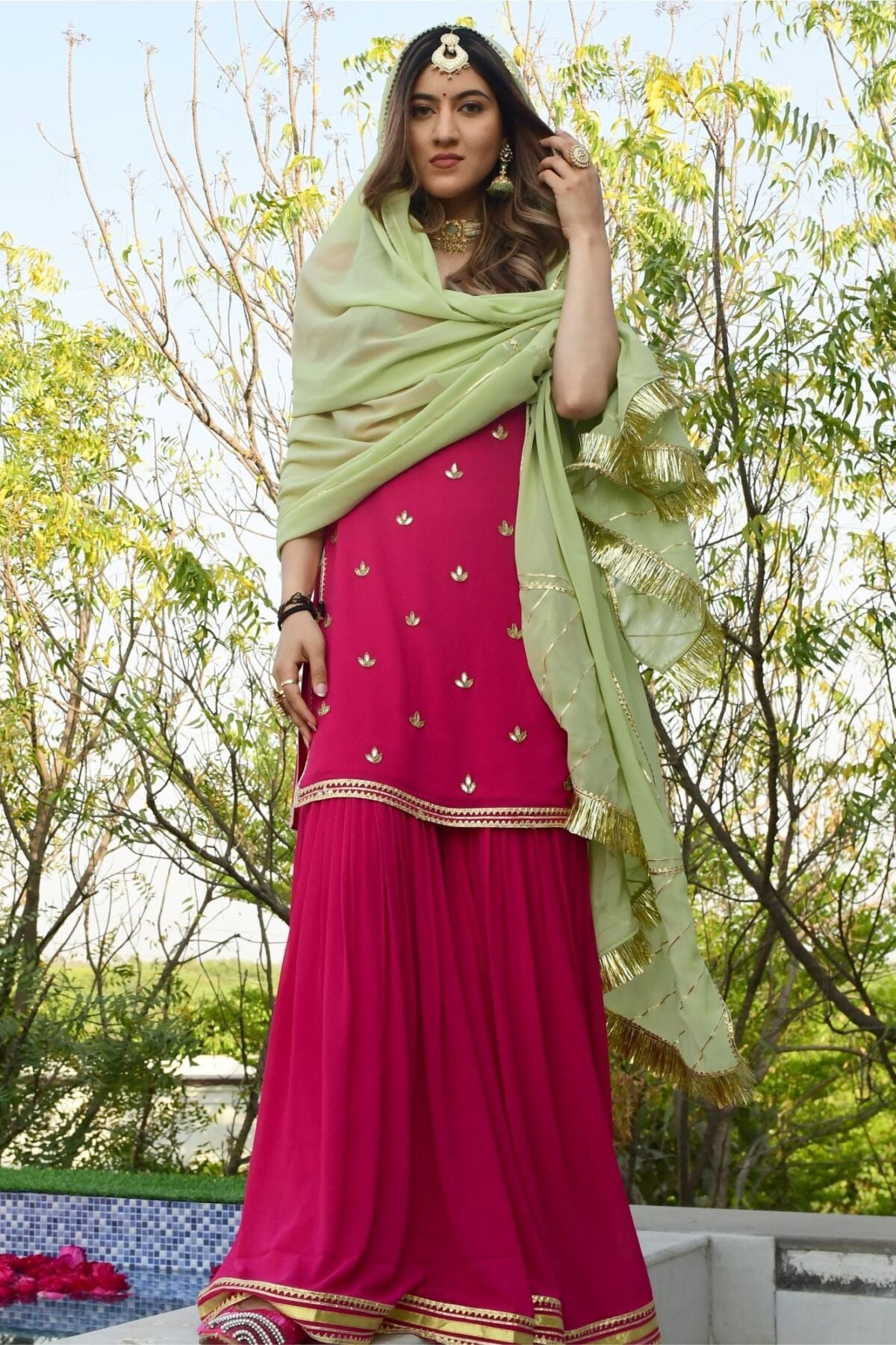 Pink georgette kurta and sharara set