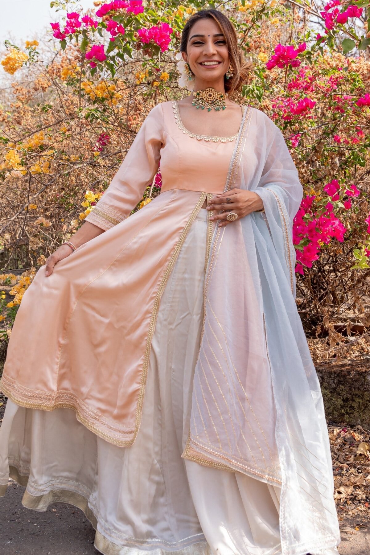 Peach and Grey Anarkali Skirt Set