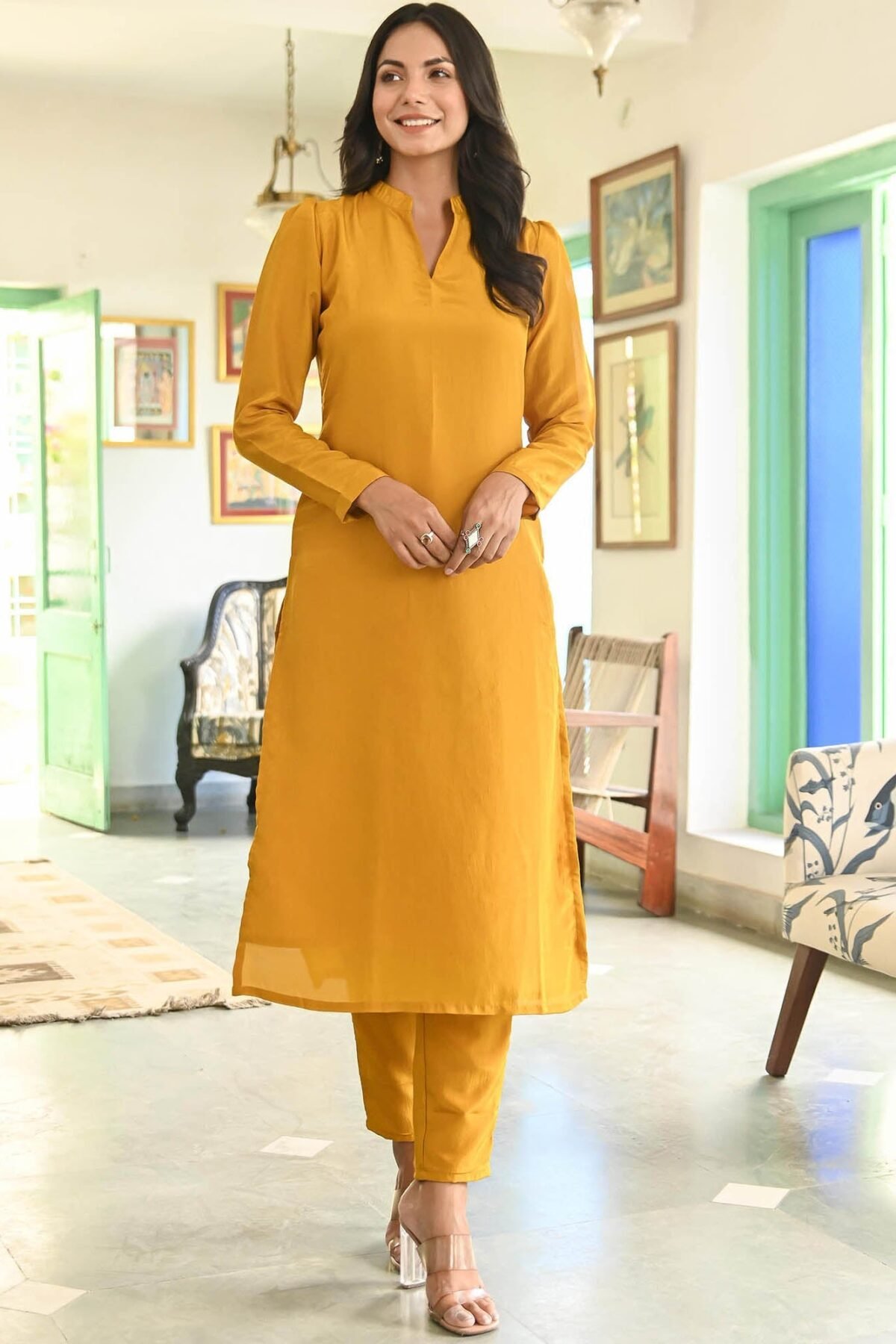 Mustard Yellow Silk Straight Kurta Set