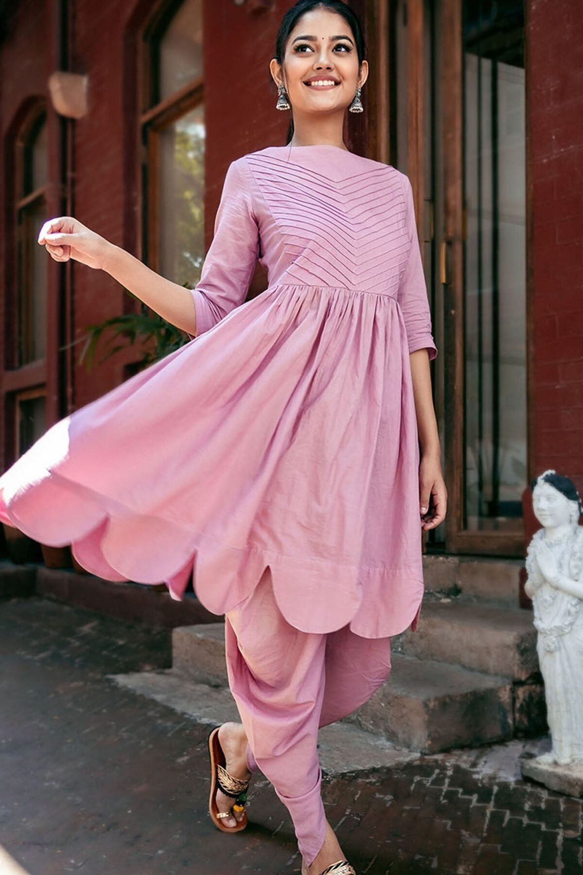Solid Scallops Kurta Dhoti Set