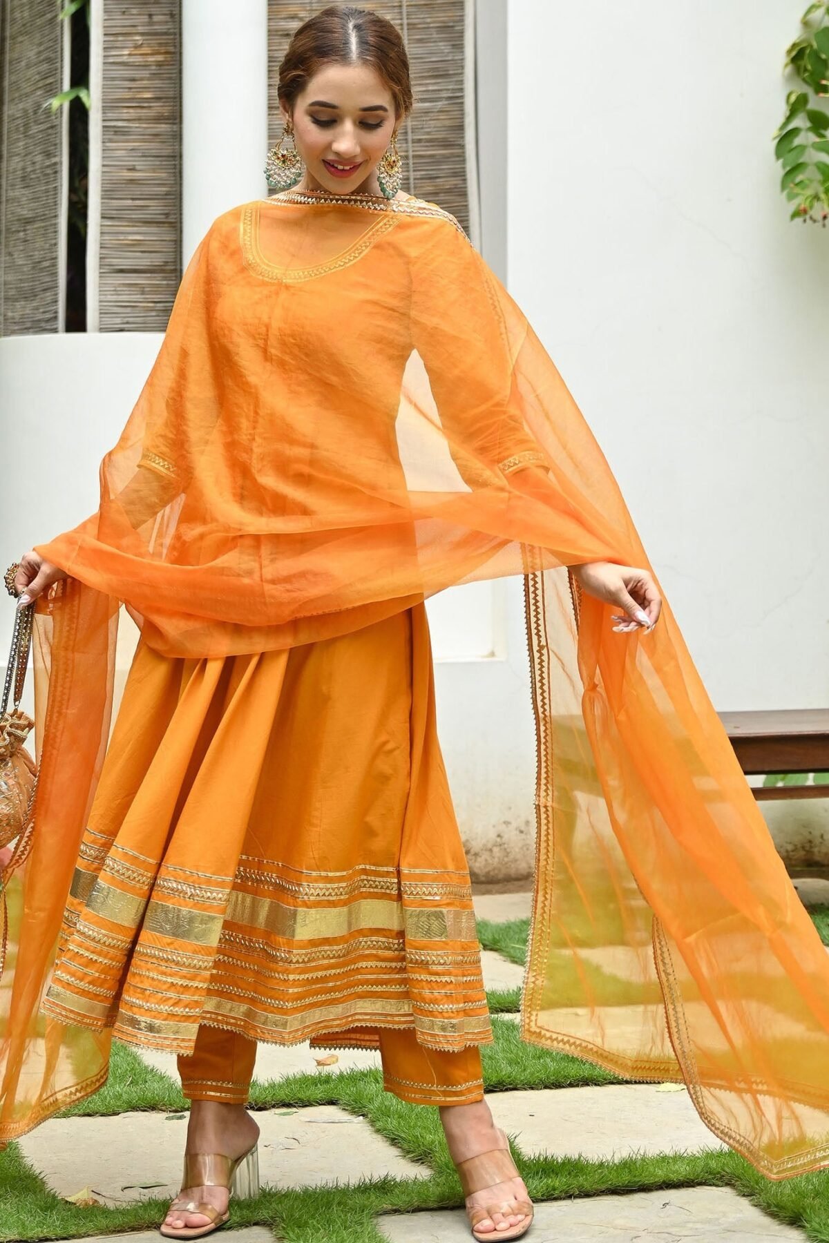 Orange Cotton Anarkali Set