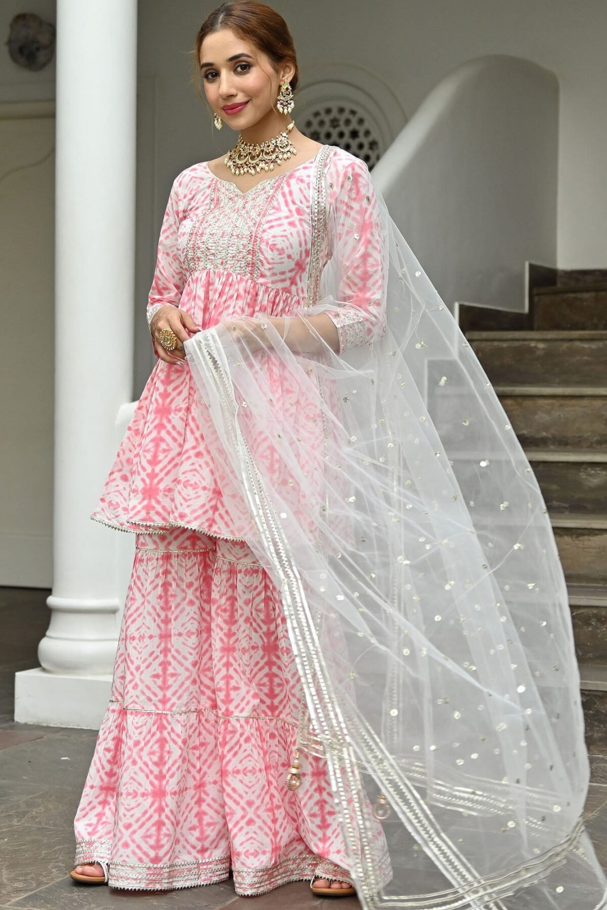 Pink Cotton Printed Sharara Set