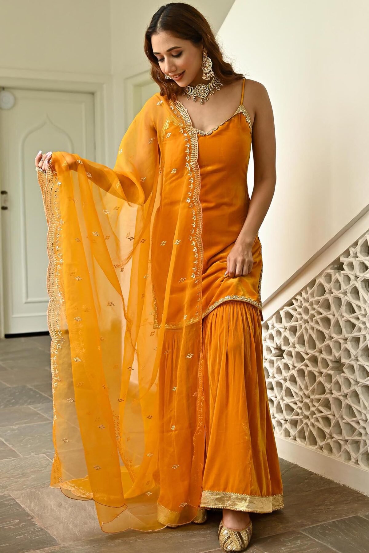 Mustard Velvet Sharara Set