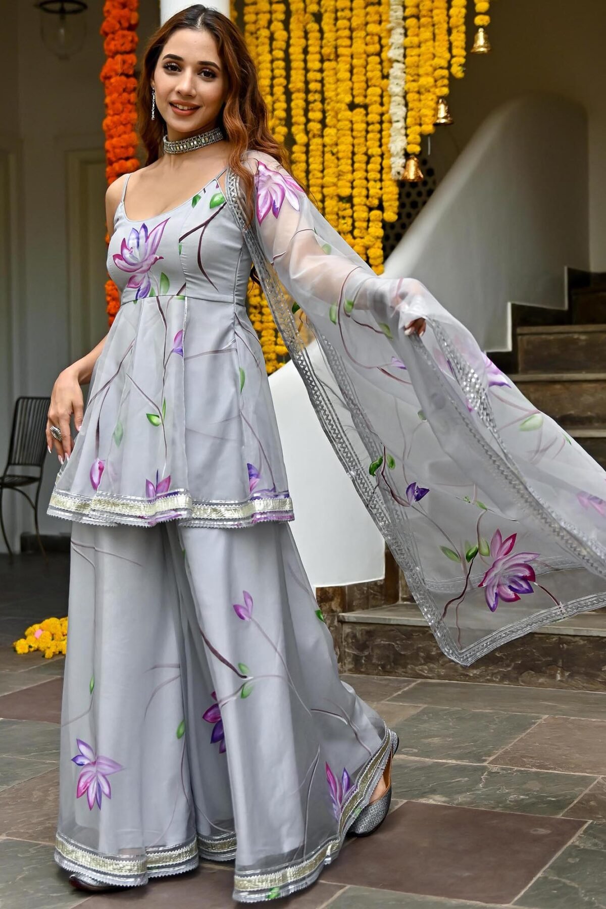 Grey Hand Painted Sharara Set