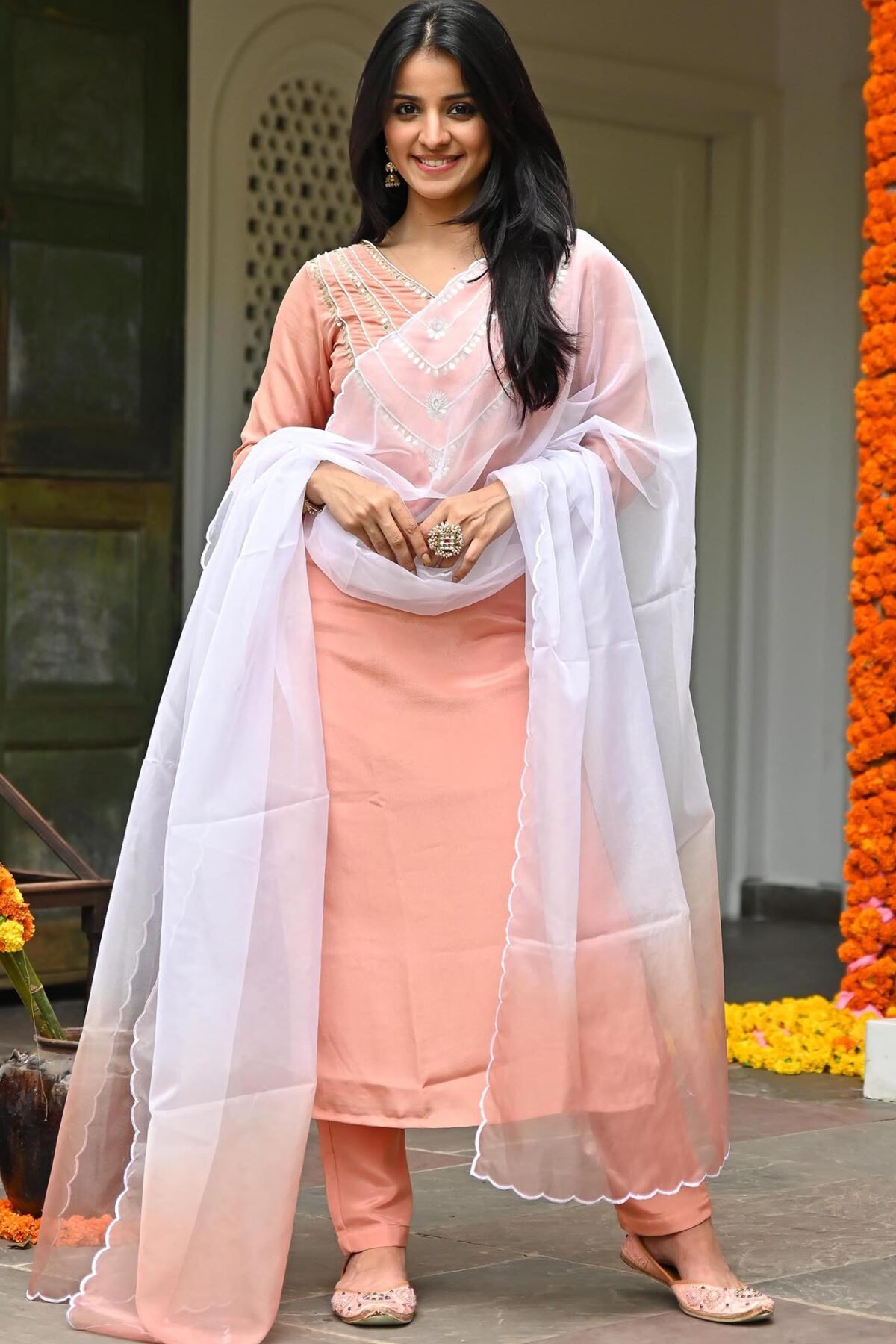Peach Embroidered Kurta Set