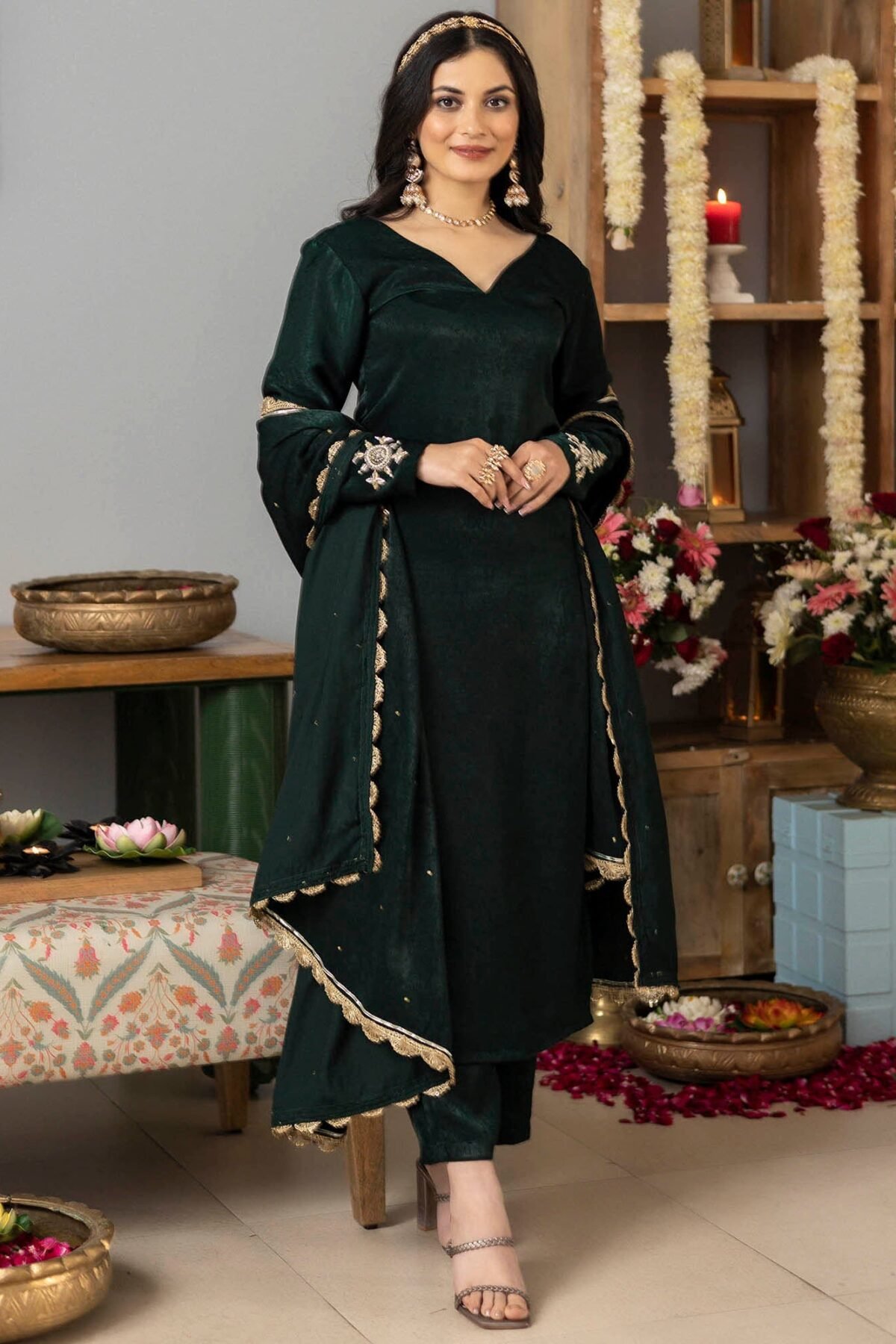 Bottle Green Apricot Kurta Set
