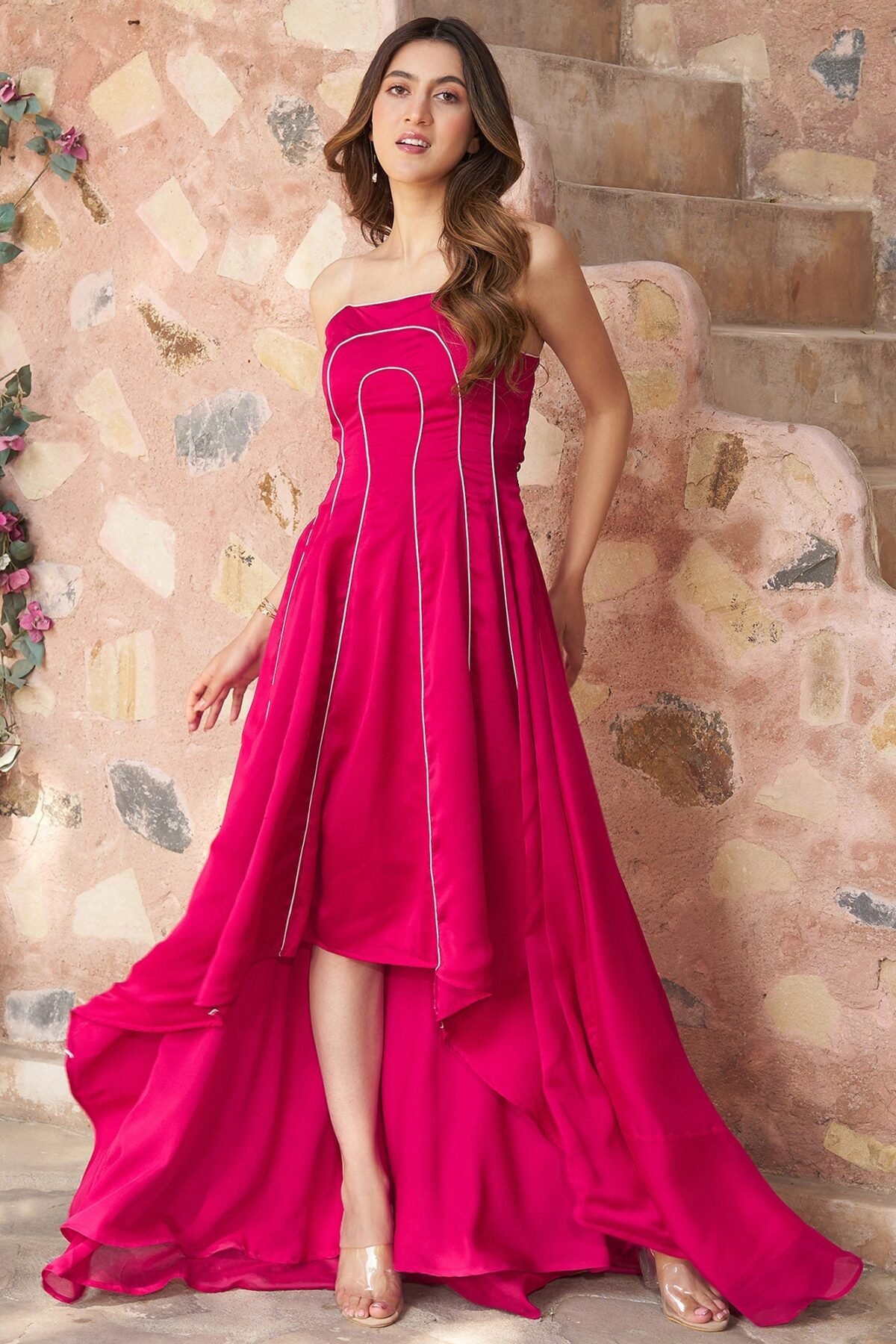 Ruby Pink Off Shoulder High Low Gown