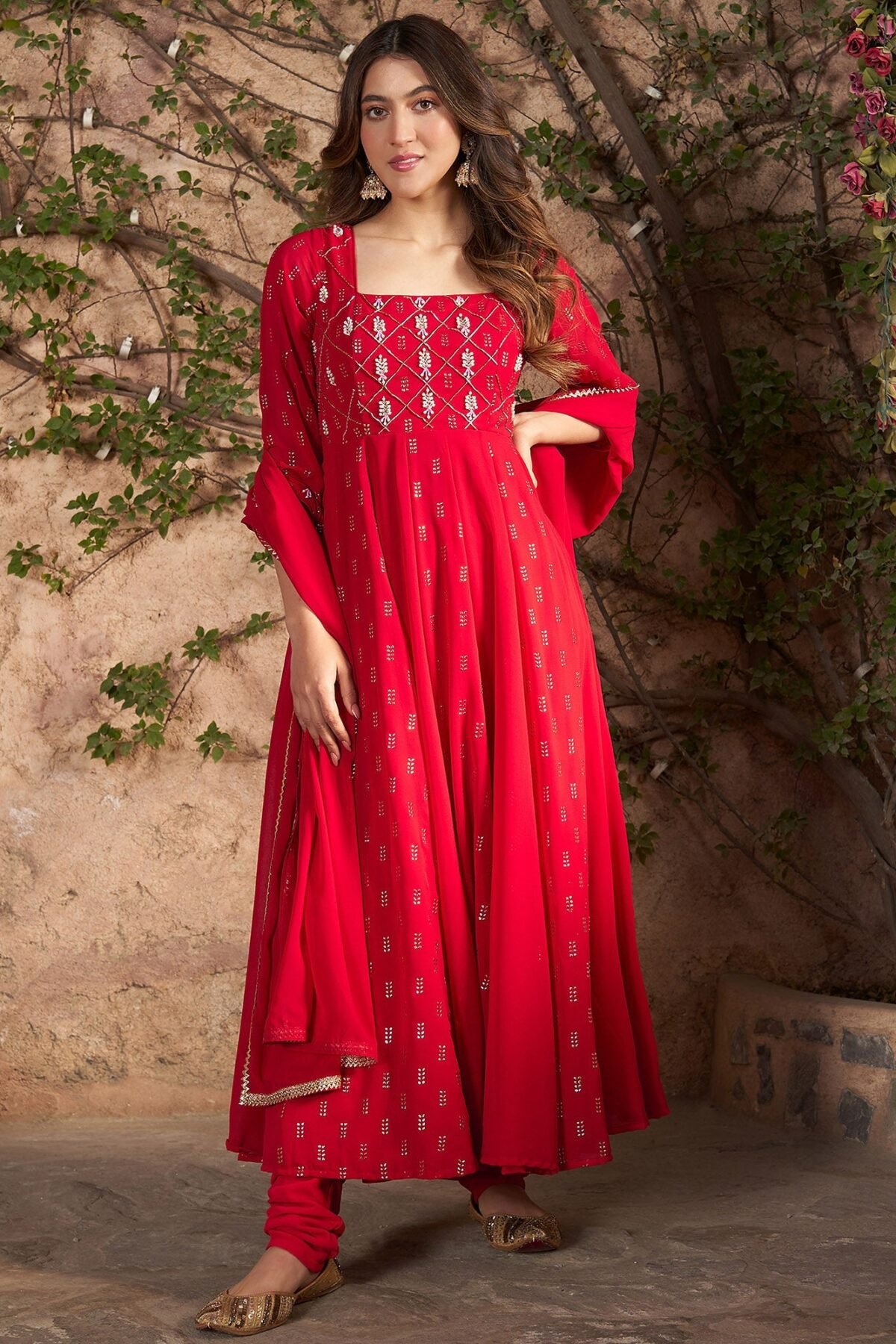 RED MUKAISH ANARKALI SET