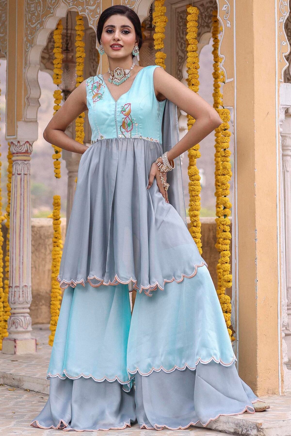 BLUE GREY GHARARA SET