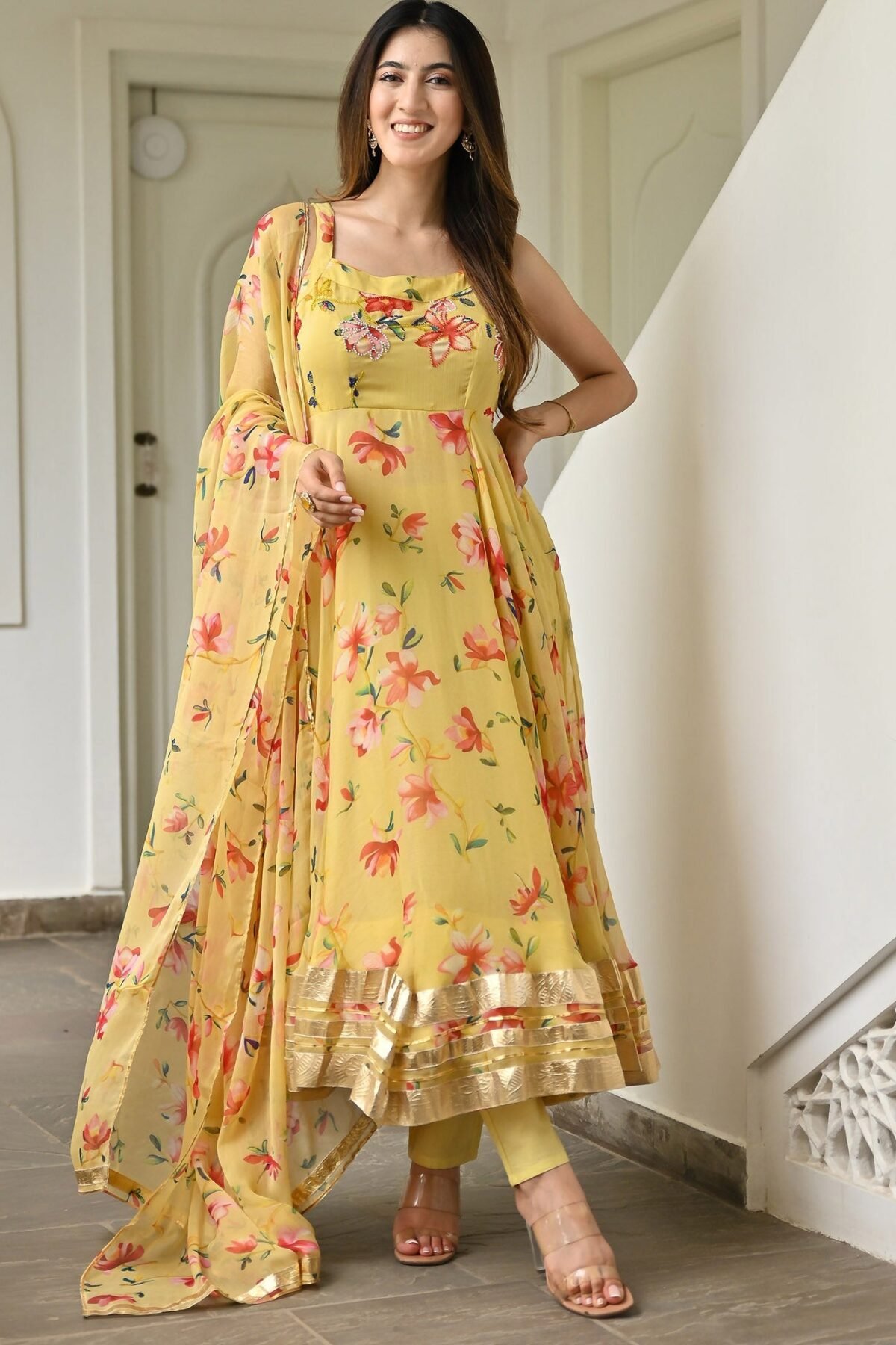 Yellow Printed Anarkali