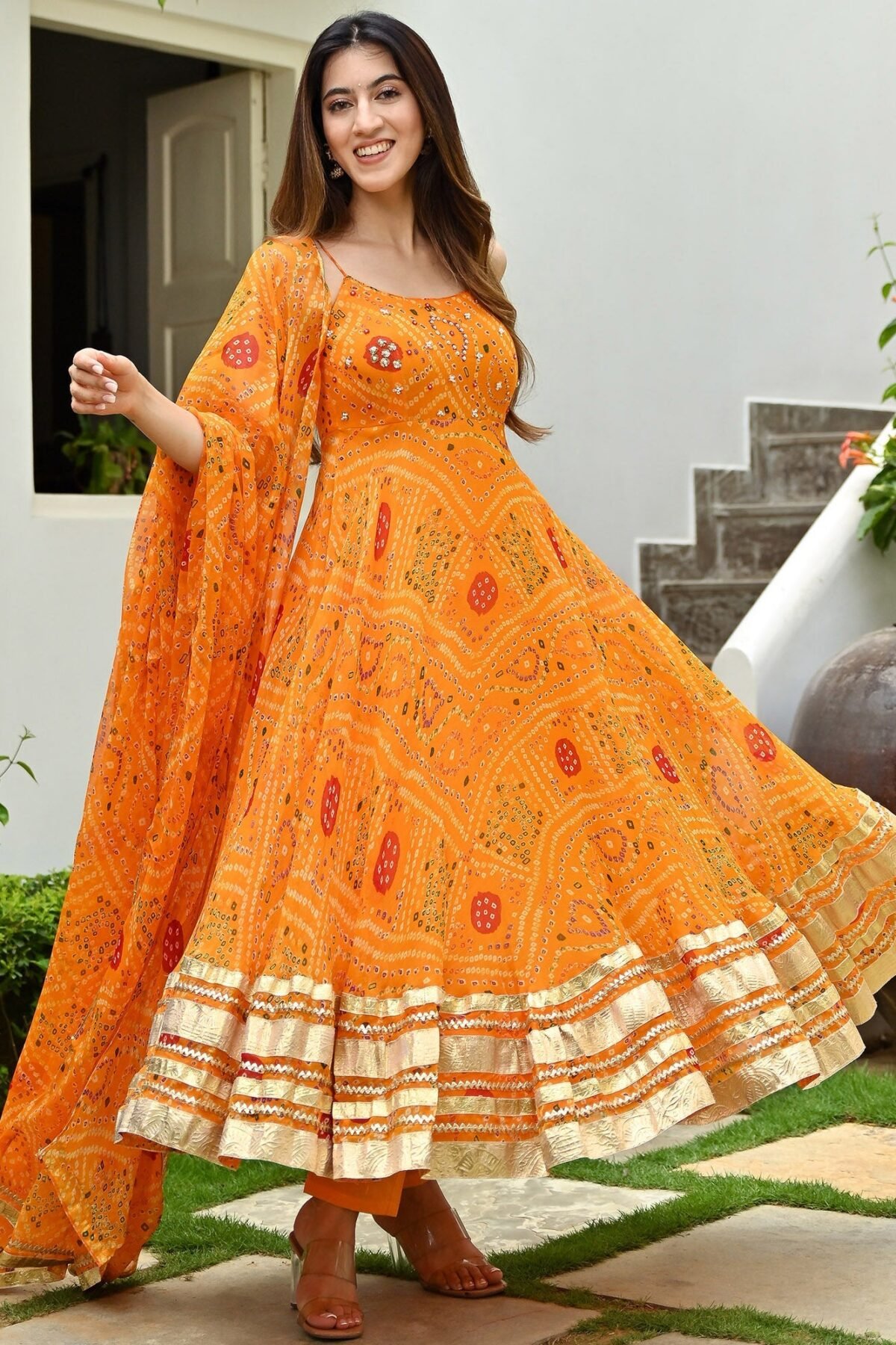 Orange Printed Anarkali