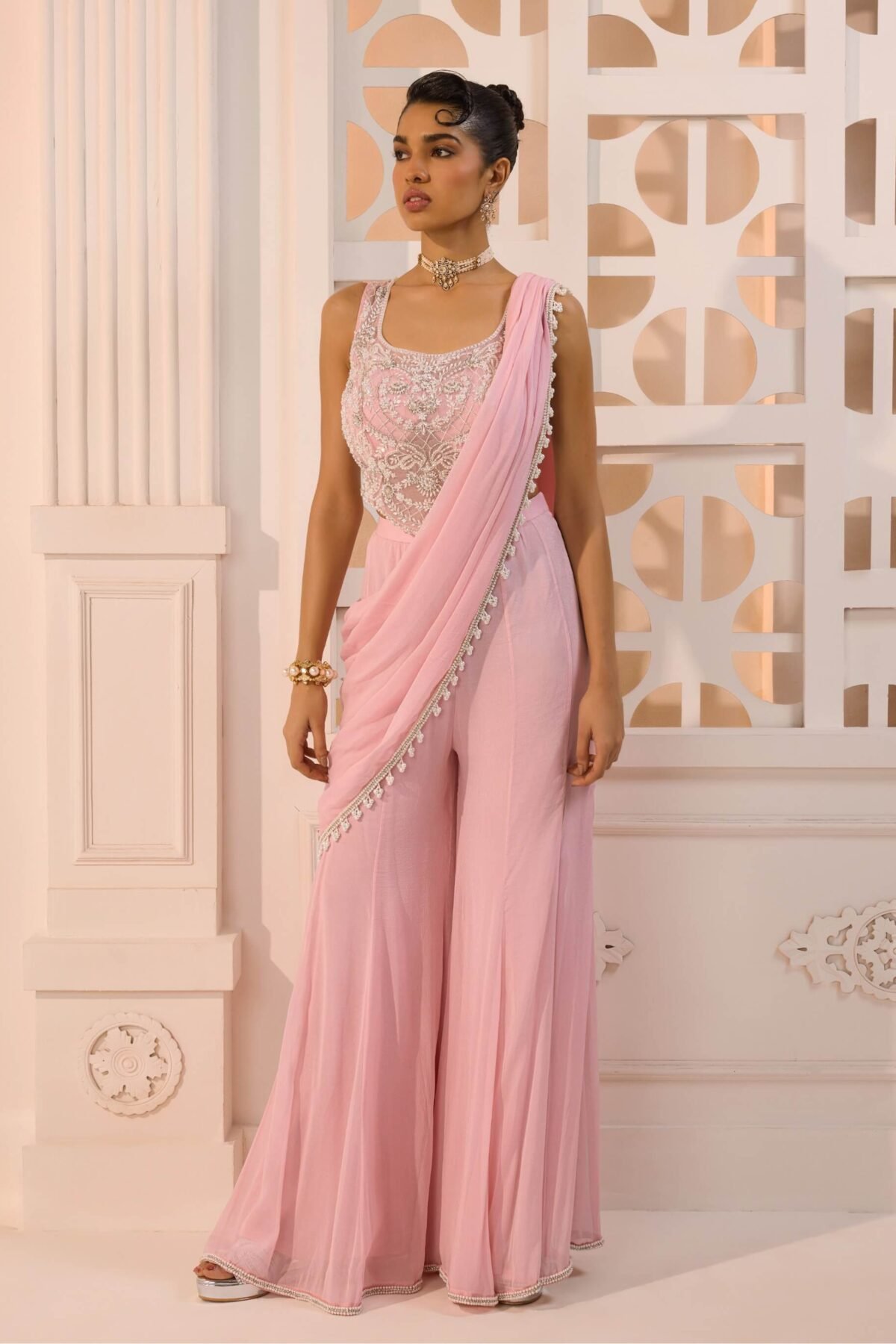 Ziya baby pink corset pant and drape set