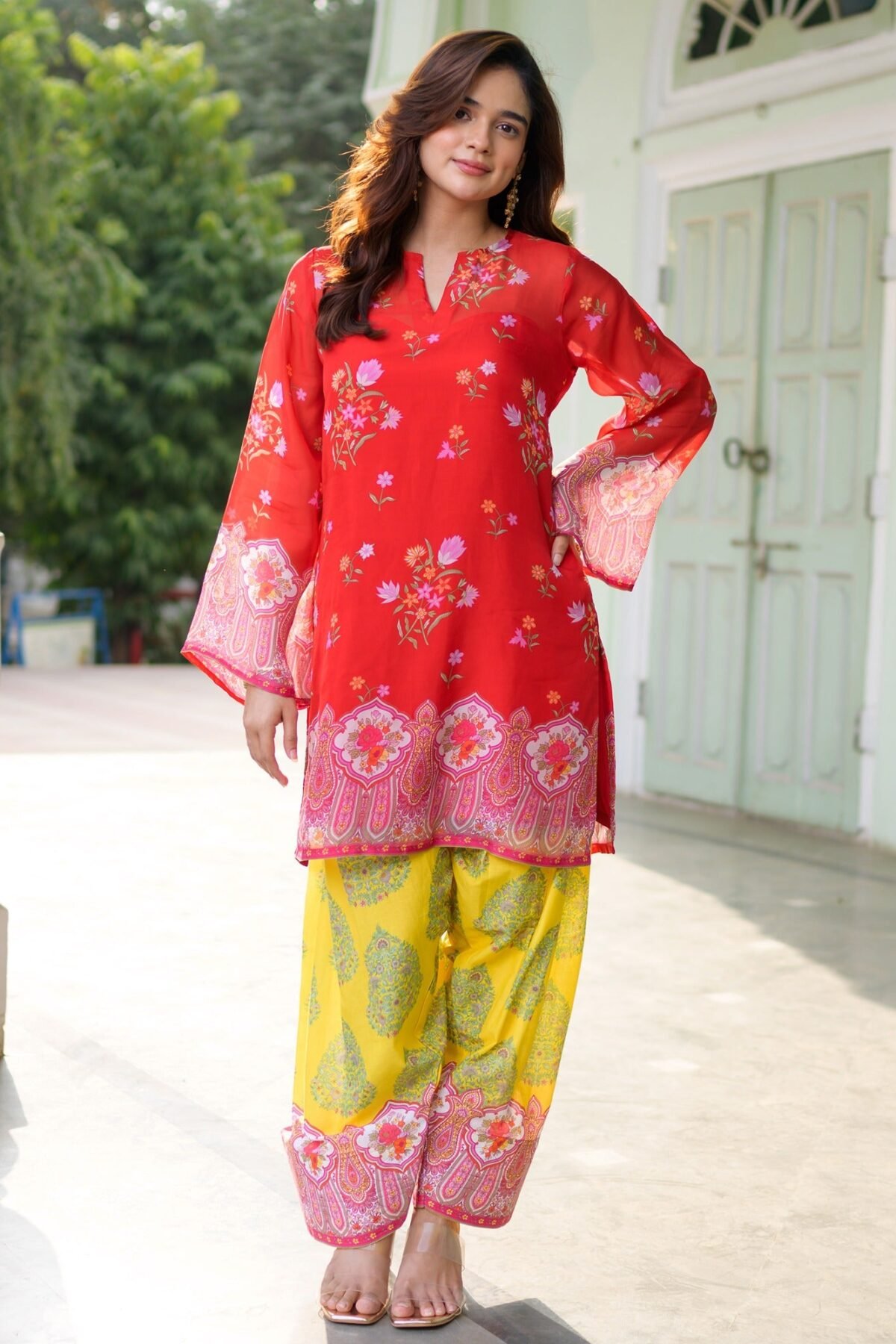 Breezy Bloom Red Kurta Farshi Set