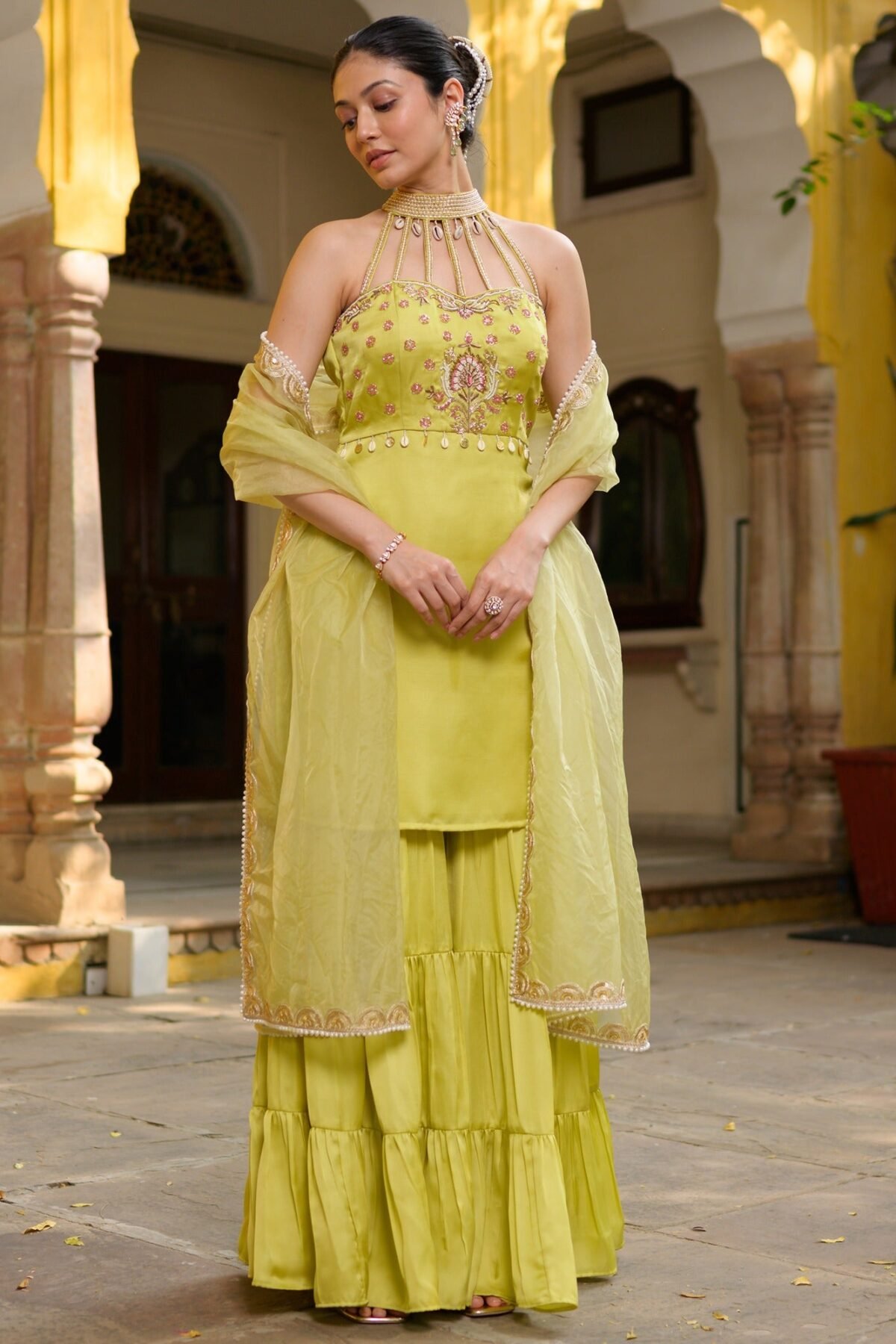 Neon Green Halter Neck Sharara Set