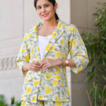Green & Yellow Floral Handblock Blazer Set