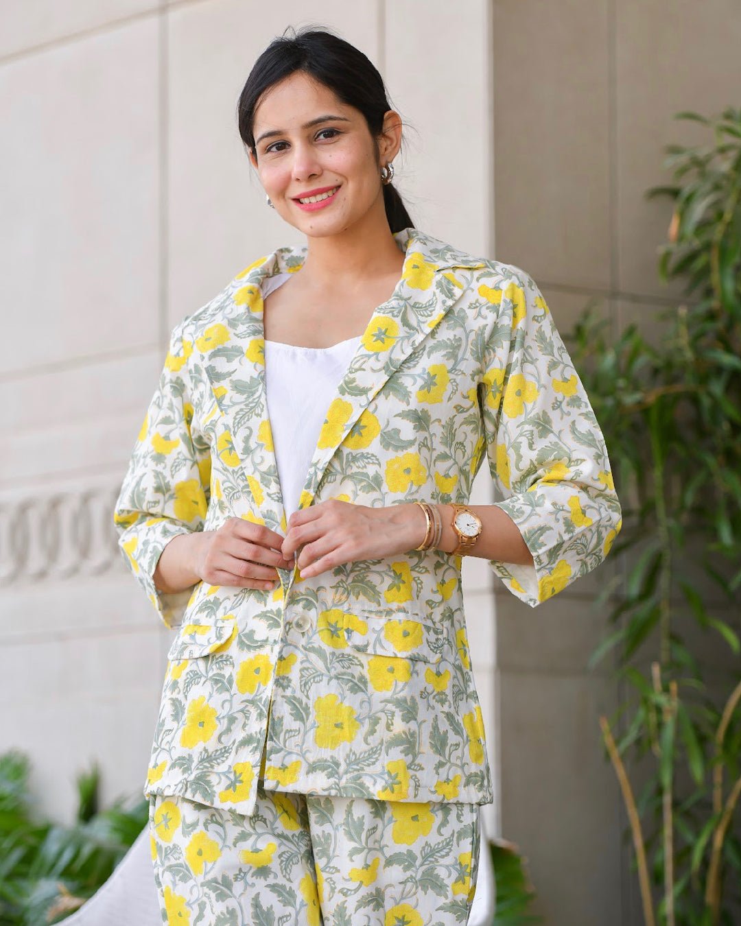Green & Yellow Floral Handblock Blazer Set