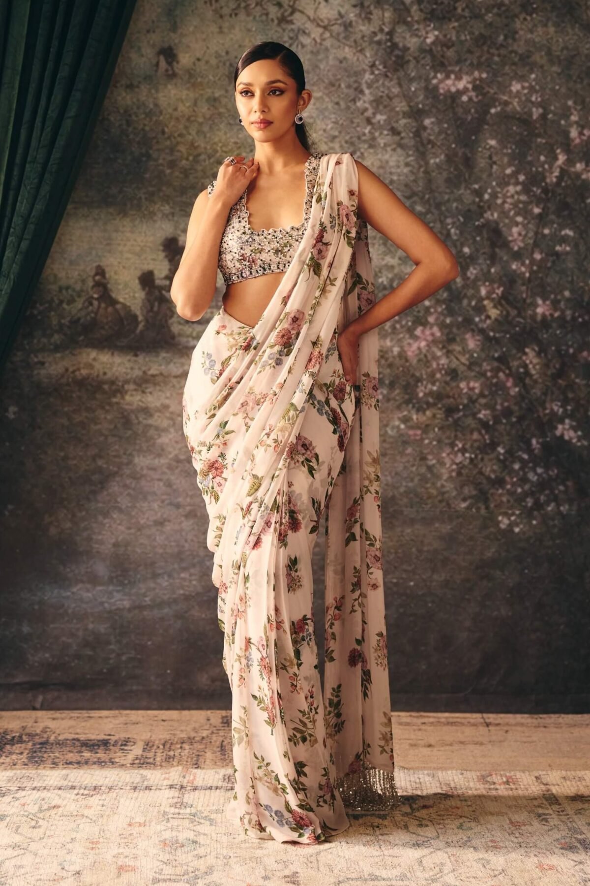 Elysia ivory and thyme printed sari with blouse