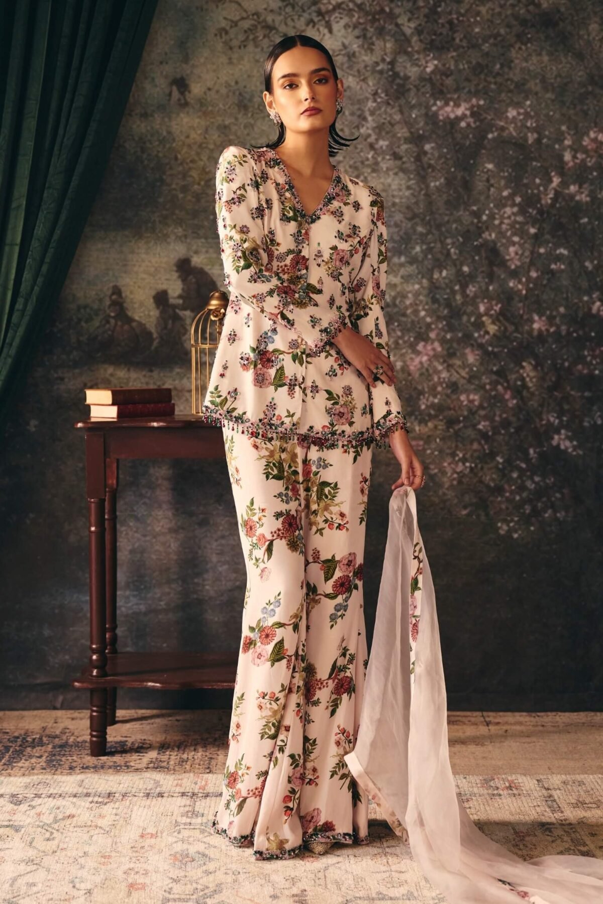 Arabella ivory printed jacket and pant set