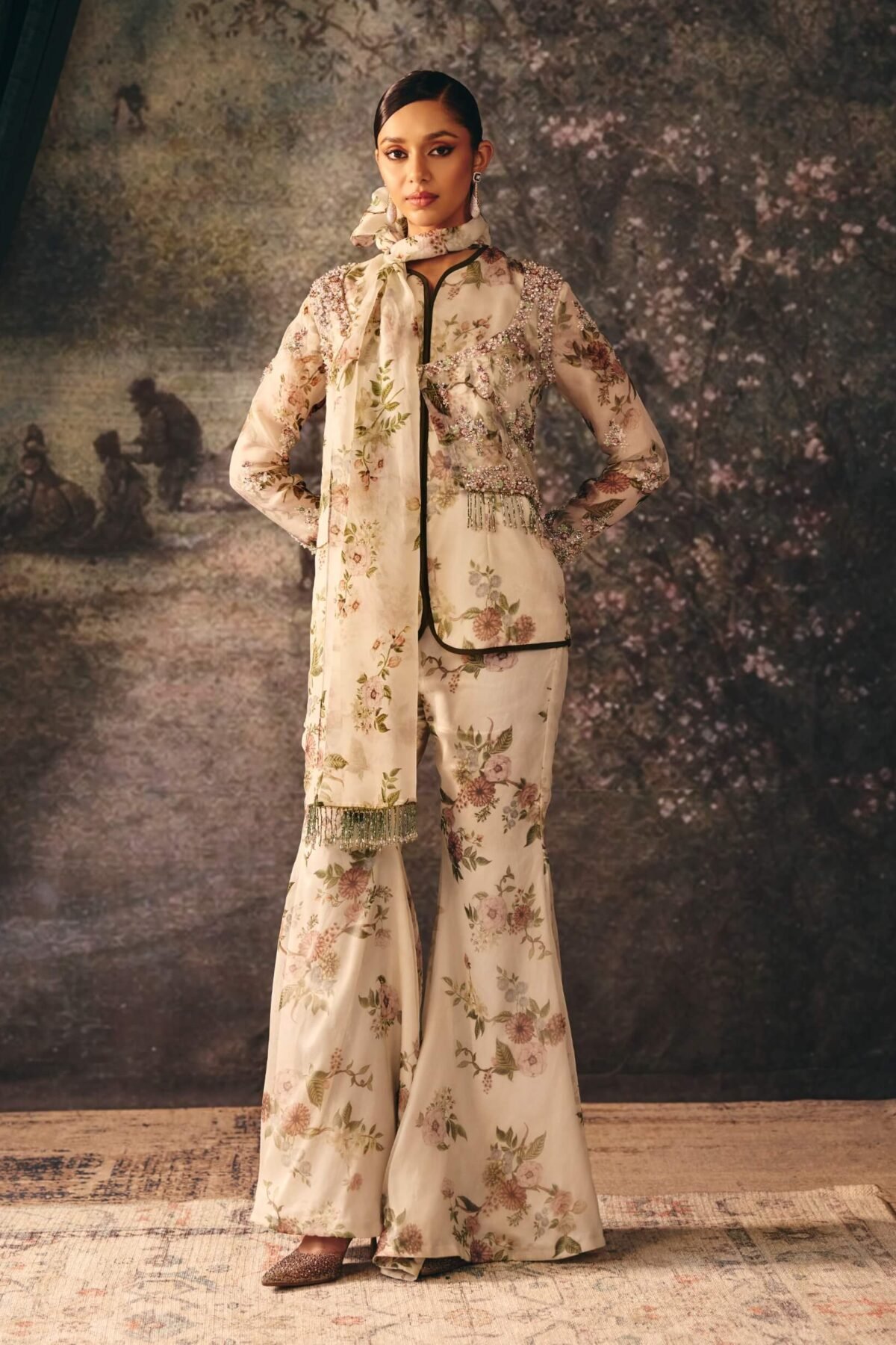 Ida ivory embroidered short jacket and palazzo set
