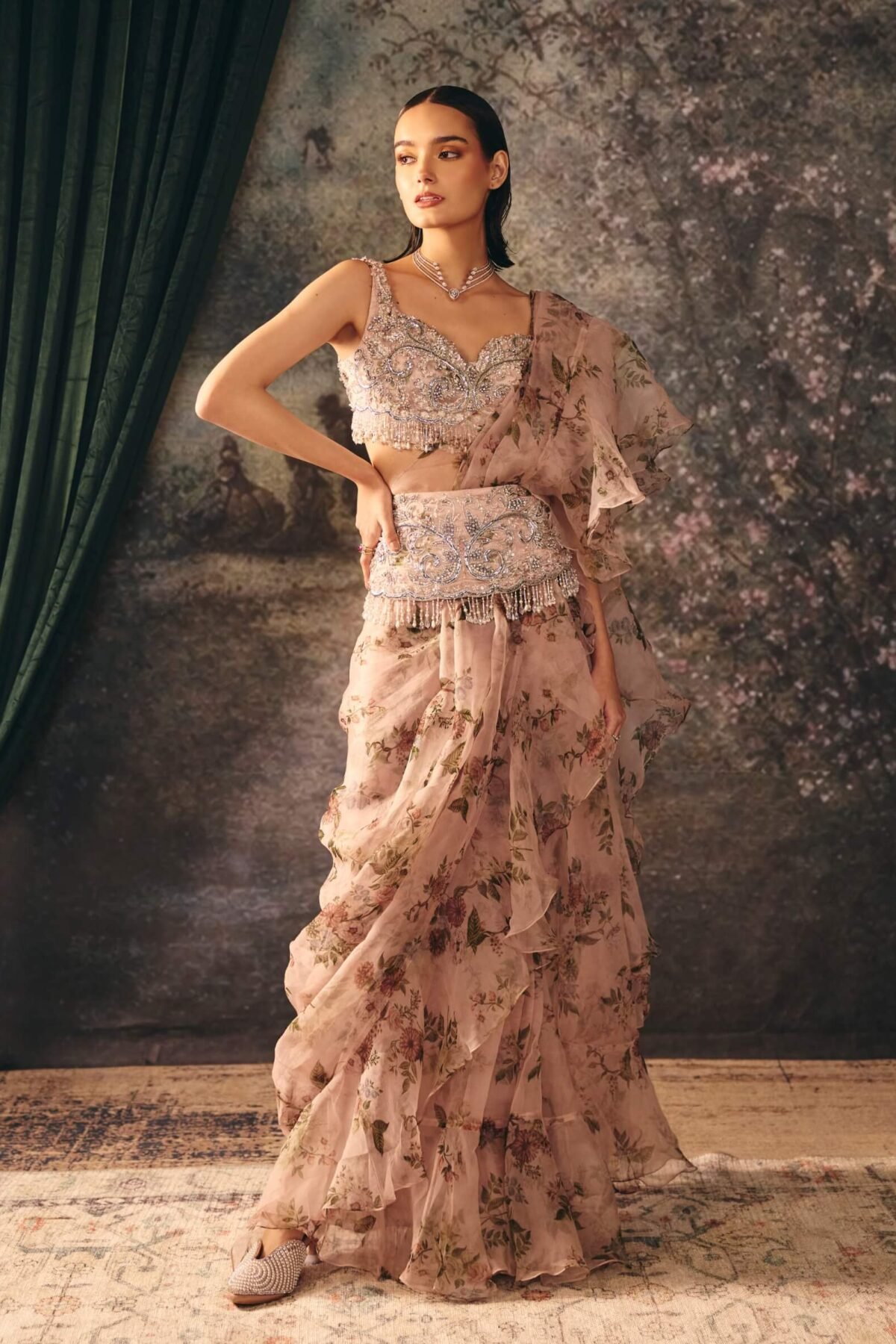 Lumi dusty rose pink printed sari set