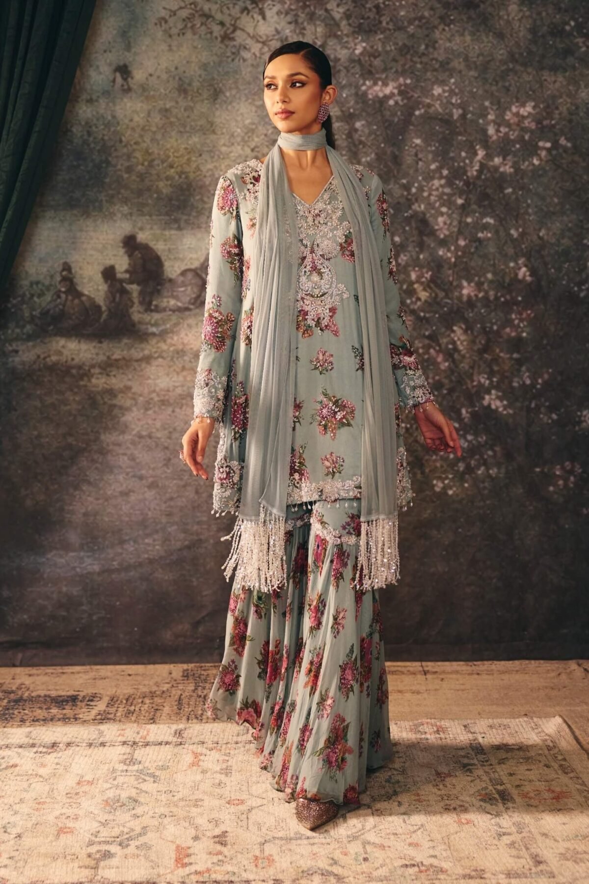 Victoria baby blue printed kurta and sharara set