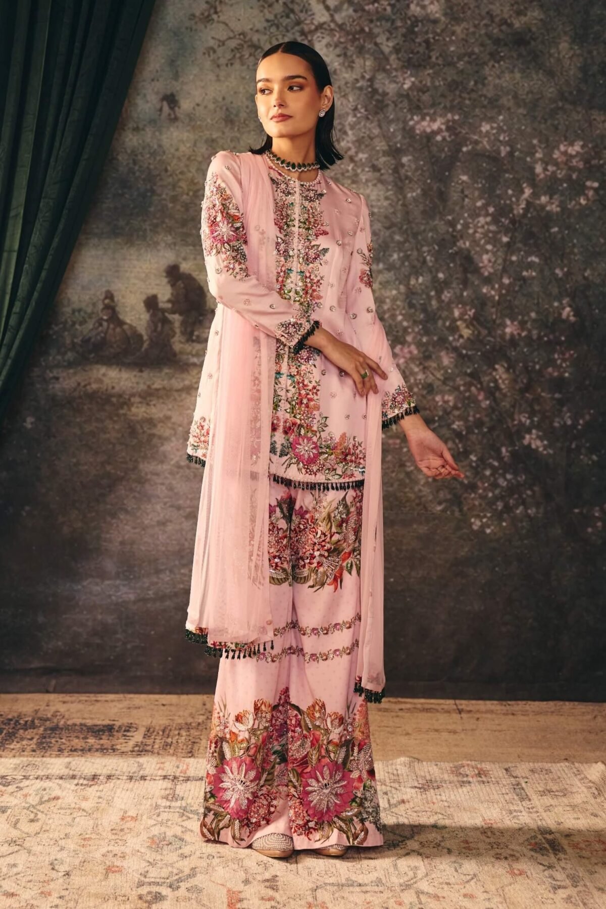 Silvara primrose pink printed jacket and palazzo set