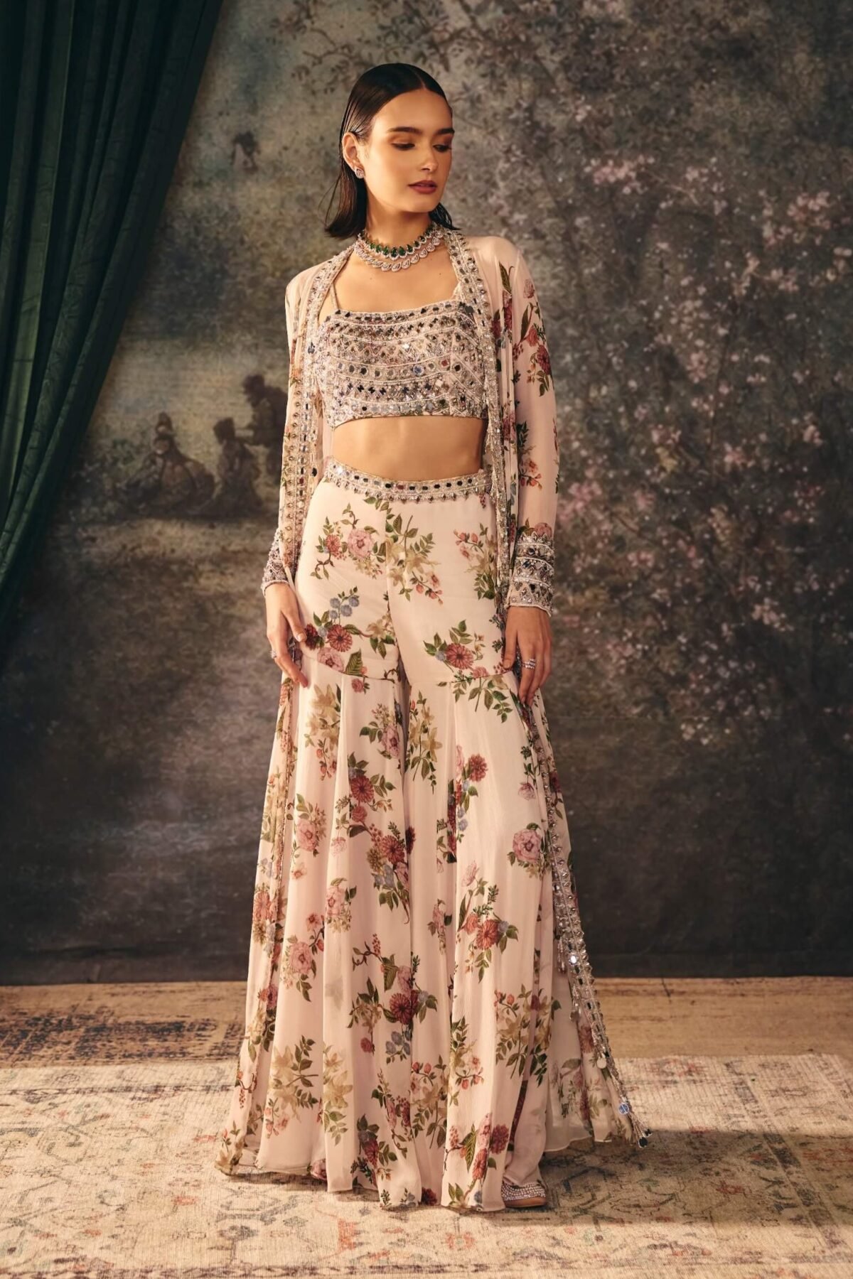 Cristaline pearl white embroidered jacket and palazzo set