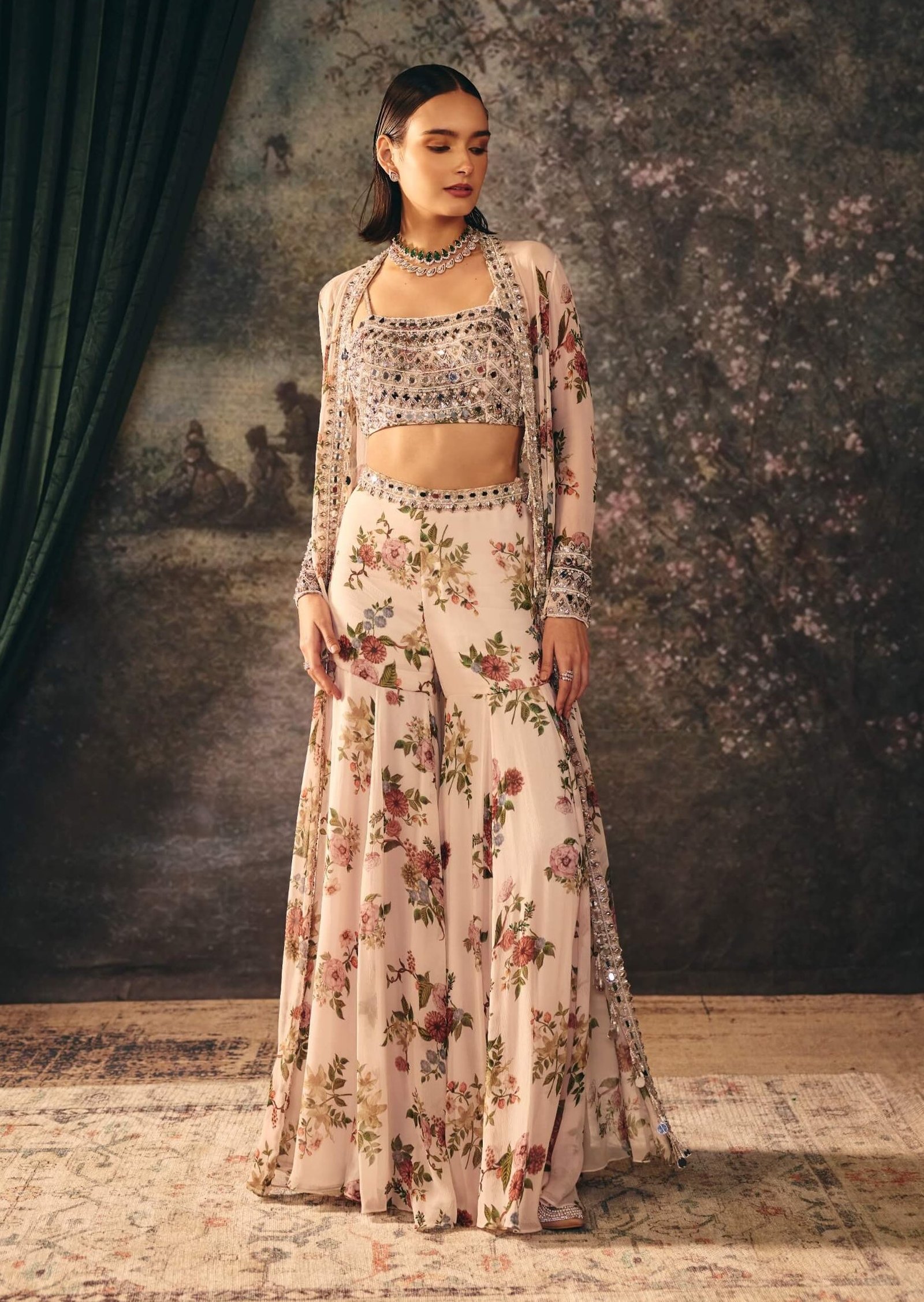 Cristaline pearl white embroidered jacket and palazzo set