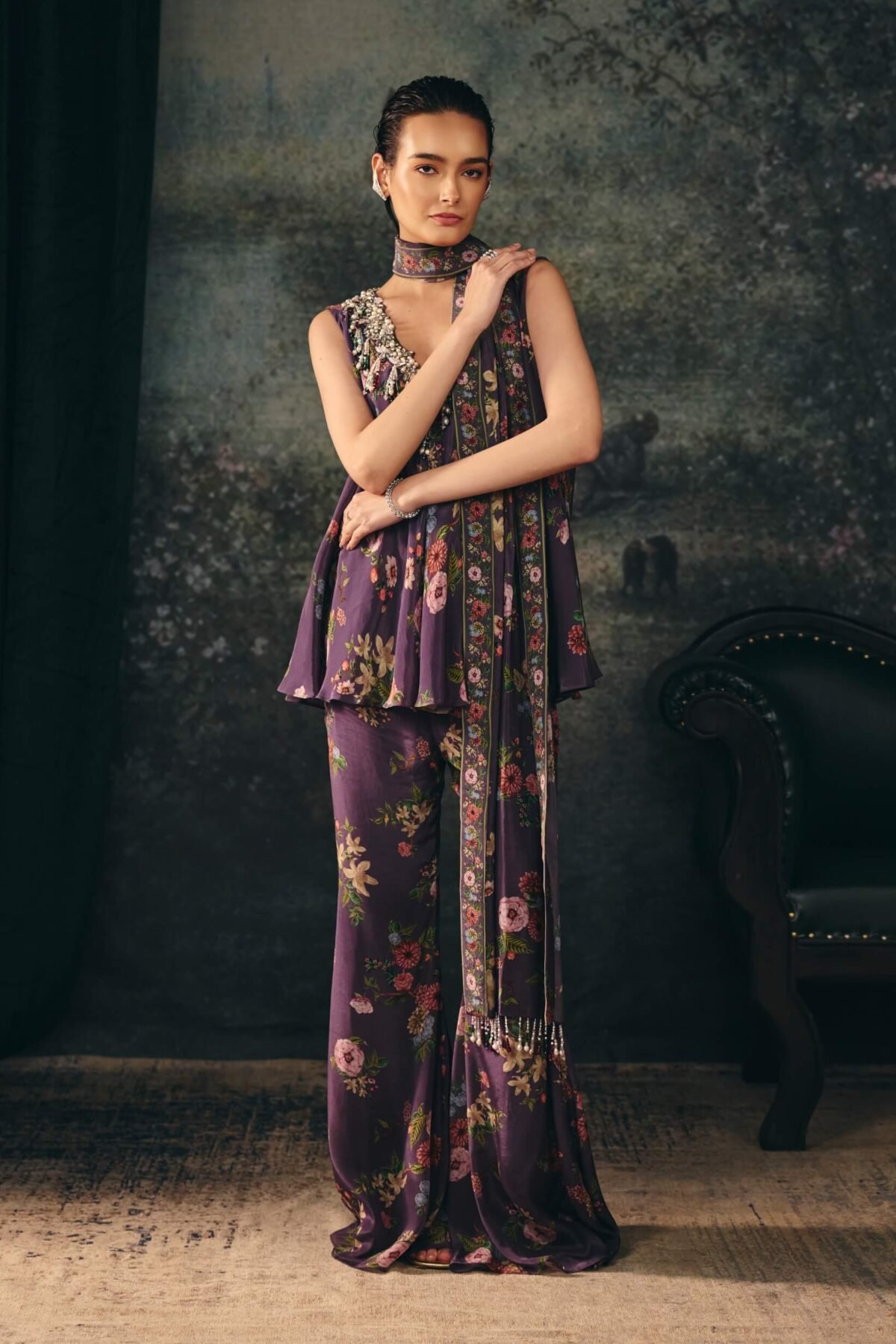 Miraya mauve wine printed top and palazzo