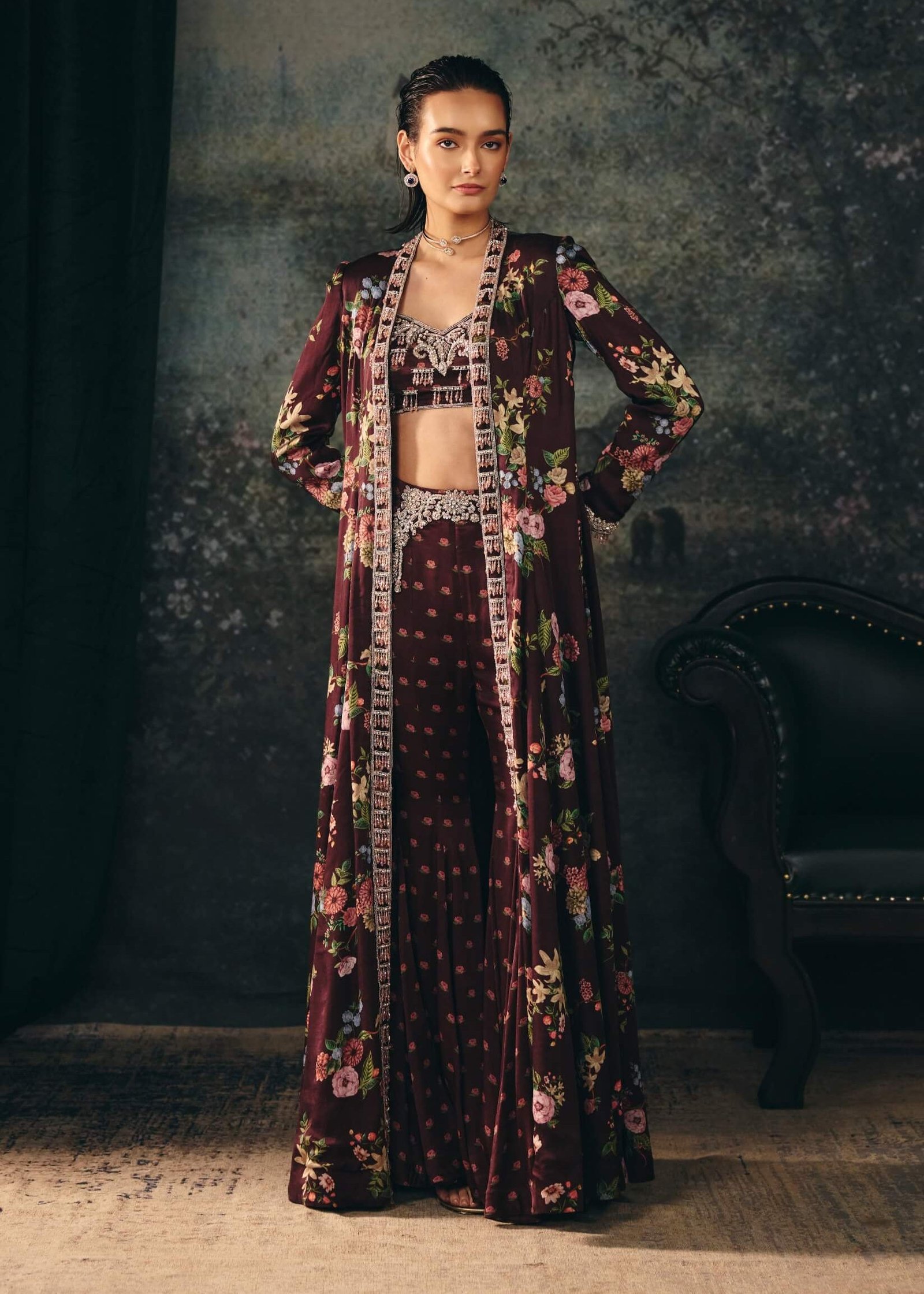 Elaris dark maroon jacket with bustier and palazzo