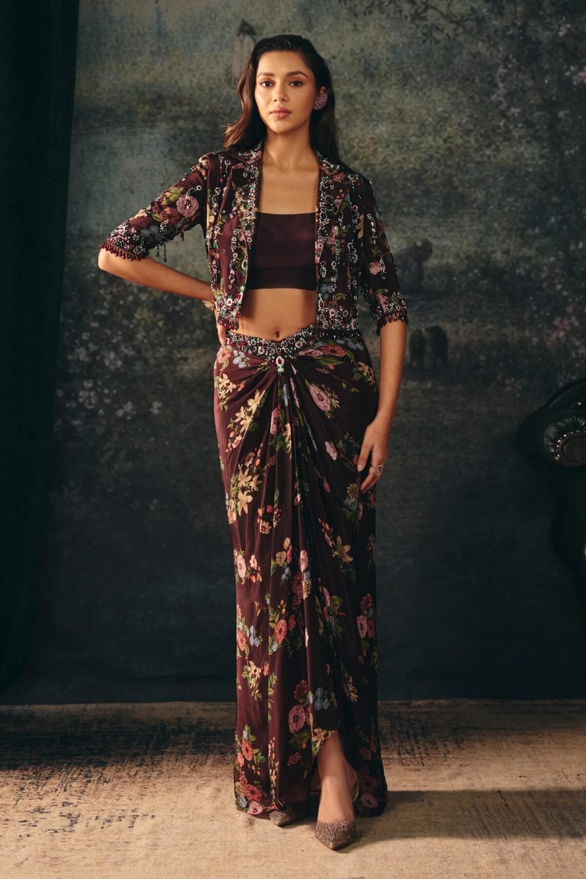 Ophelia deep maroon short jacket and drape skirt set