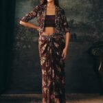 Ophelia deep maroon short jacket and drape skirt set