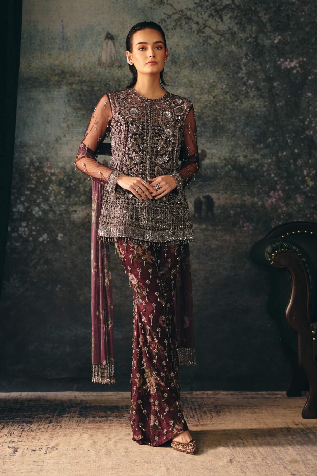 Maline vintage vine embroidered jacket and sharara set